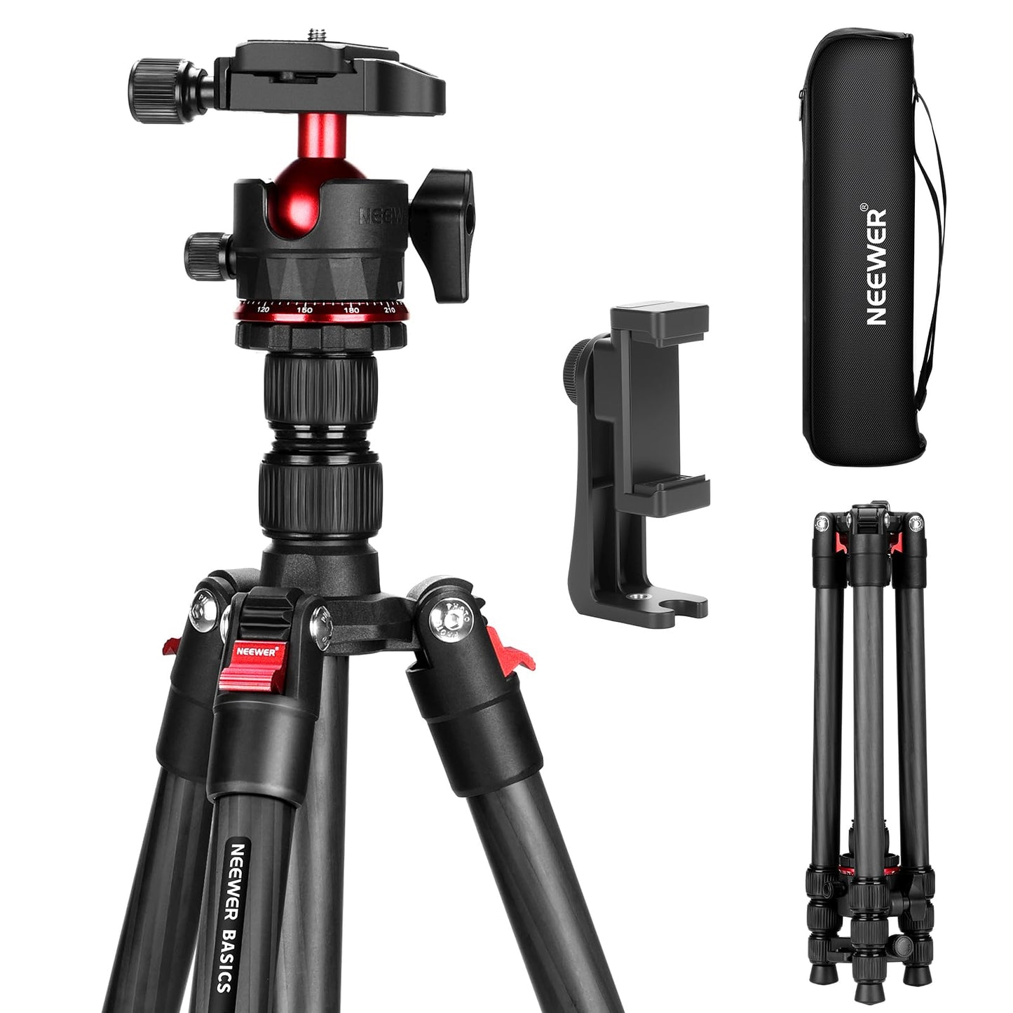 NEEWER Basics Carbon Fiber Travel Tripod, 64" Compact Lightweight Portable Camera Video Stand, Arca Type Ball Head & Cell Phone Holder Compatible