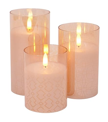Mid Century Modern Flameless LED Glass Pillar Candles, Set of 3, 6 Inch, Metallic Rose Gold