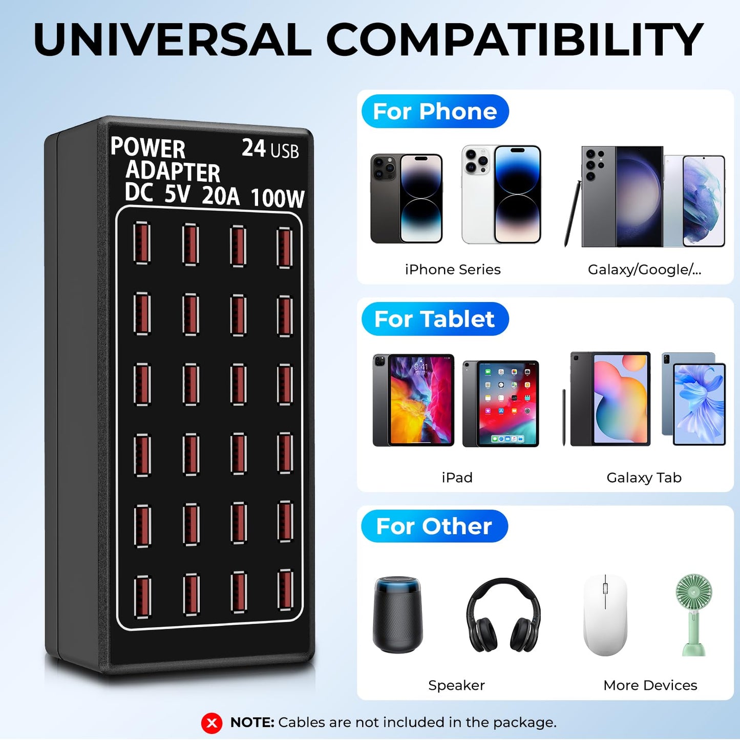 USB Charging Station, 100W/20A 24 Port Desktop Multiple Device Charger Station, Multi Ports Fast Phone Charging Station Organizer, Suitable for School