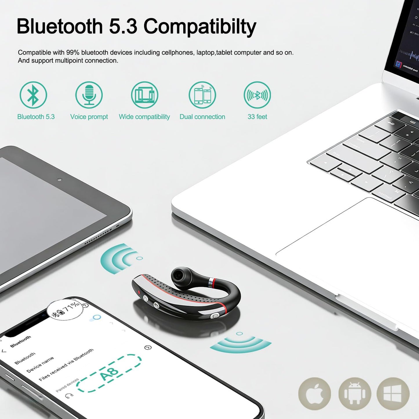 Bypeanis Bluetooth Headset, Wireless Bluetooth Earpiece with 500mAh Charging Case for Hands-Free Ultralight Headphones V5.3 with Microphone for iOS