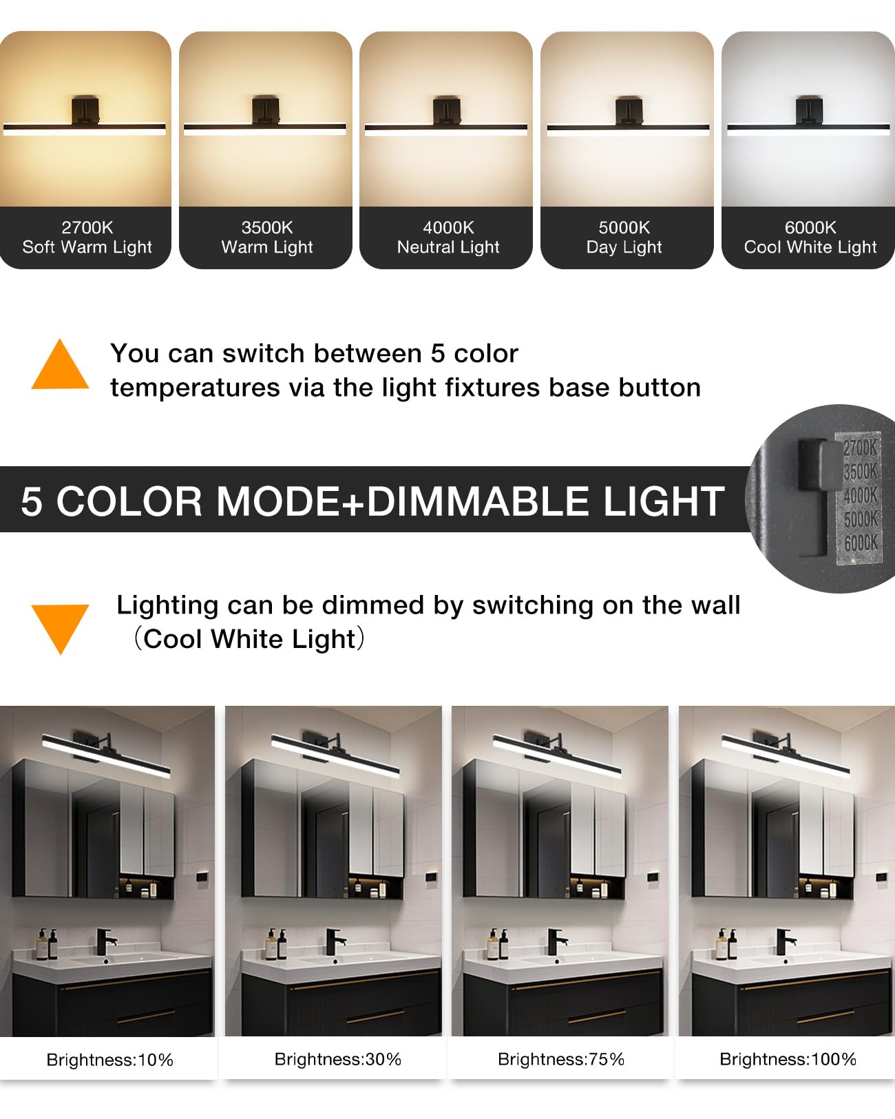 YHTlaeh Modern LED Vanity Light Fixture,Metal Black 23.6‘’ 5CCT DimmableAdjustable & Rotatable Bathroom Light Fixture Above Mirror, Wall Sconce