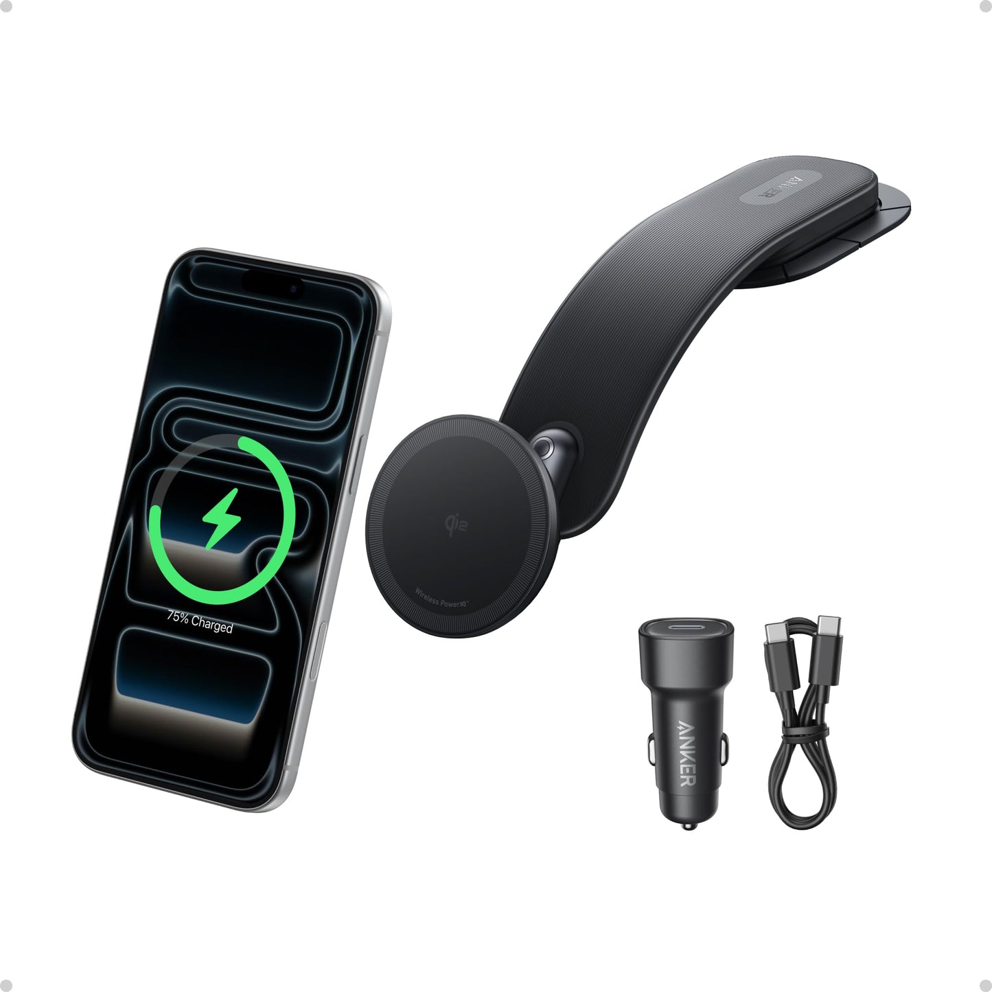 Anker Nano Magnetic Wireless Car Charger, 360° Adjustable Mount Car Charger with Detachable Pad, 15W Qi2 Certified with Alloy Bracket, Fast Charging