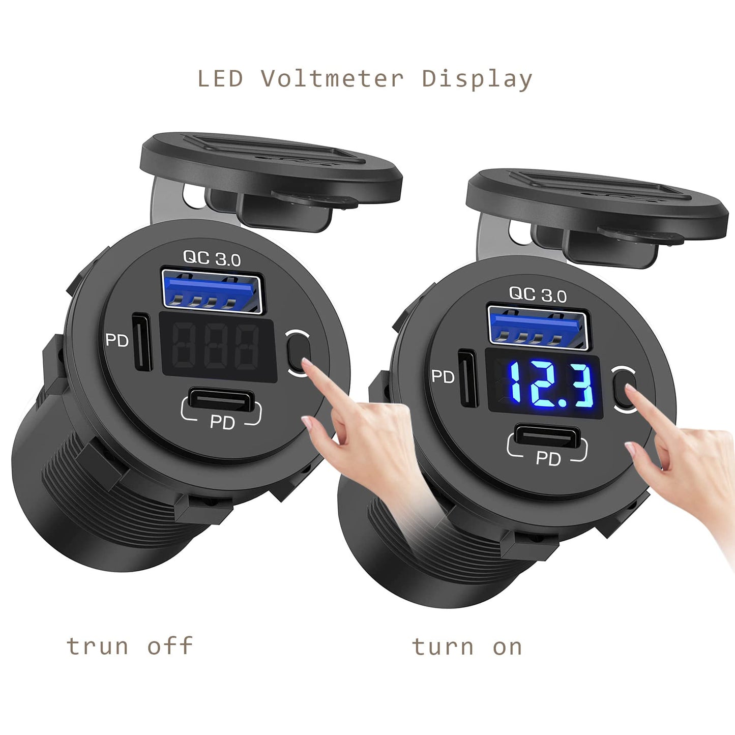SUTNSCW 12V USB Outlet, Dual USB C Car Charger Socket & Quick Charge 3.0 Port with Voltmeter and Power Switch for Car Boat Marine Truck 2 Pack
