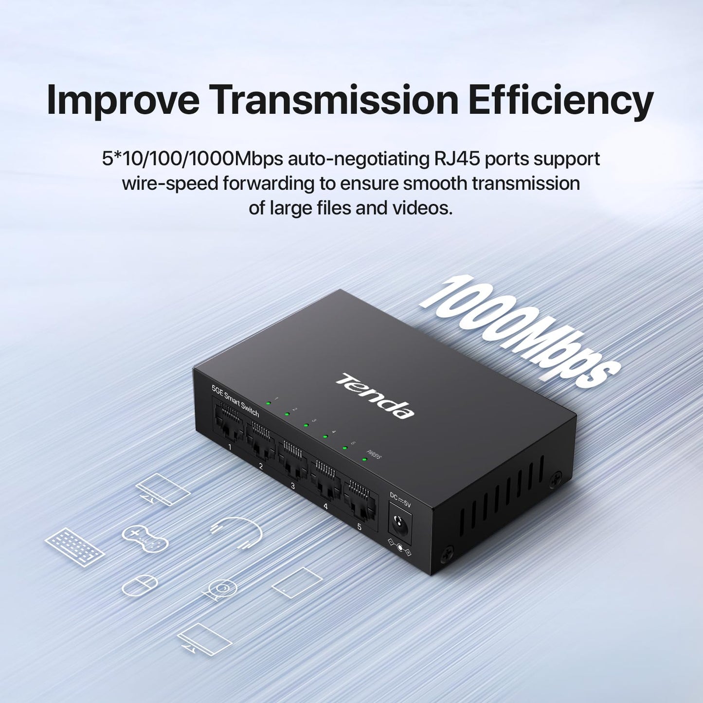 Tenda TEG205E, 5 Port Managed Gigabit Switch, Easy Smart Managed, Base-T Ports, Desktop/Wall-Mount, VLAN/IGMP/LAG/QoS, 10Gbps Switching Capacity