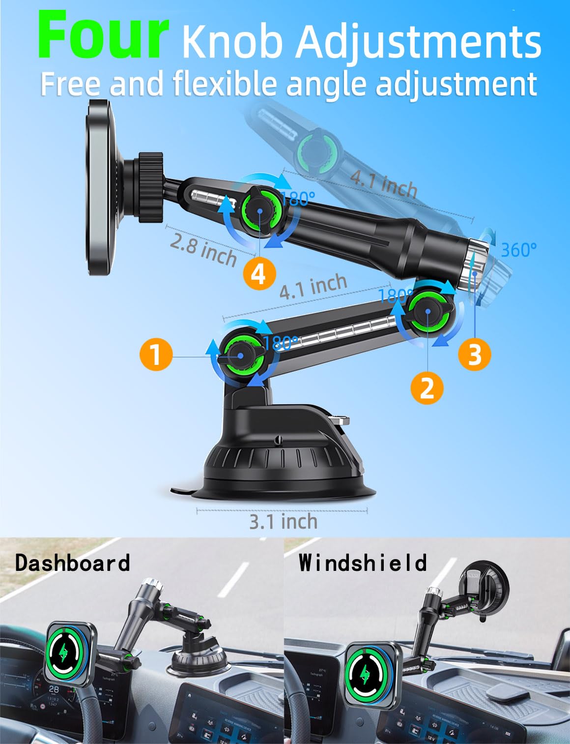 WCKESI for MagSafe Car Charger Phone Mount Holder for Truck,?11-inch Long arm? 15W Qi2 Magnetic Wireless Car Charging Windshield Dashboard, Truck