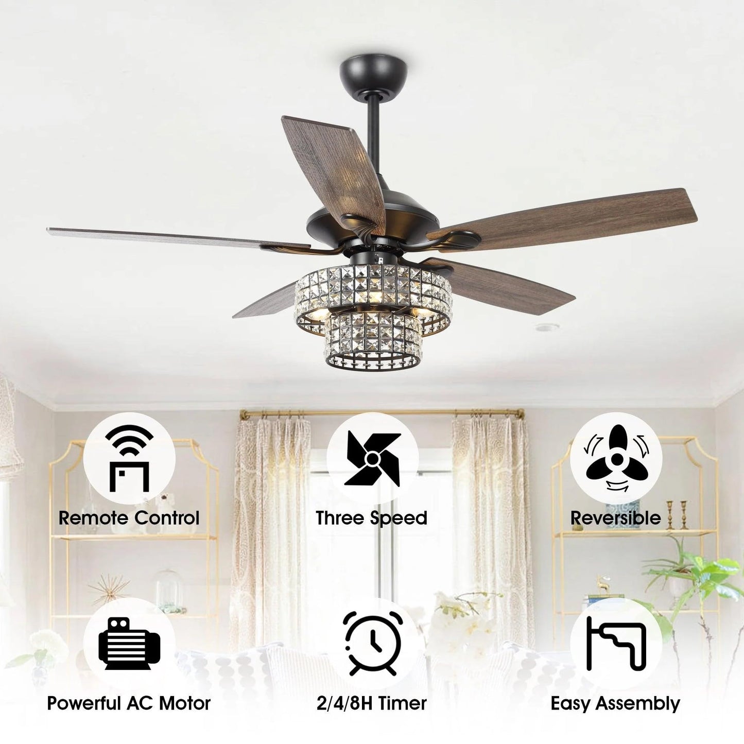 Vaczon 52 Inch Ceiling Fan with Light & Remote - Farmhouse Caged Fandelier, Crystal Mosaic Style Ceiling Fan with 6 Speeds,Reversible