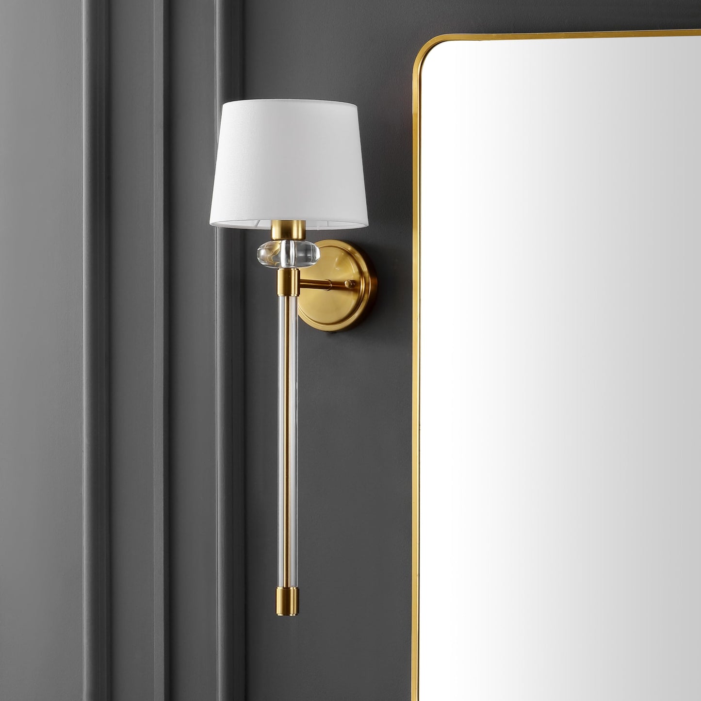SAFAVIEH Lighting - Athene 26-Inch Wall Sconce Set of 2 - Brass & Clear Acrylic - Modern Tall Single-Arm Design - Ideal for Hallway, Bedroom, Bathroom