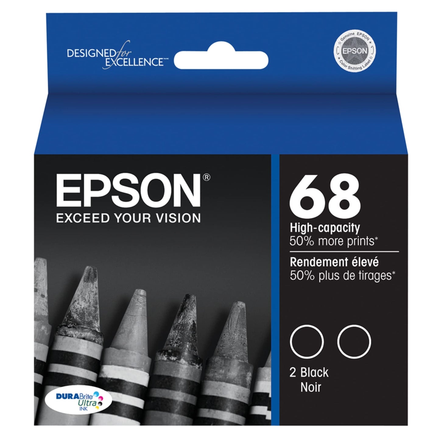 Epson 68 DURABrite Ultra Ink Black 2-Pack for CX-6000, CX-7000F, CX-7400, CX-8400, CX-9400, CX-9475, NX-400, NX-415, NX-510, NX-515, WF-1100, WF-500
