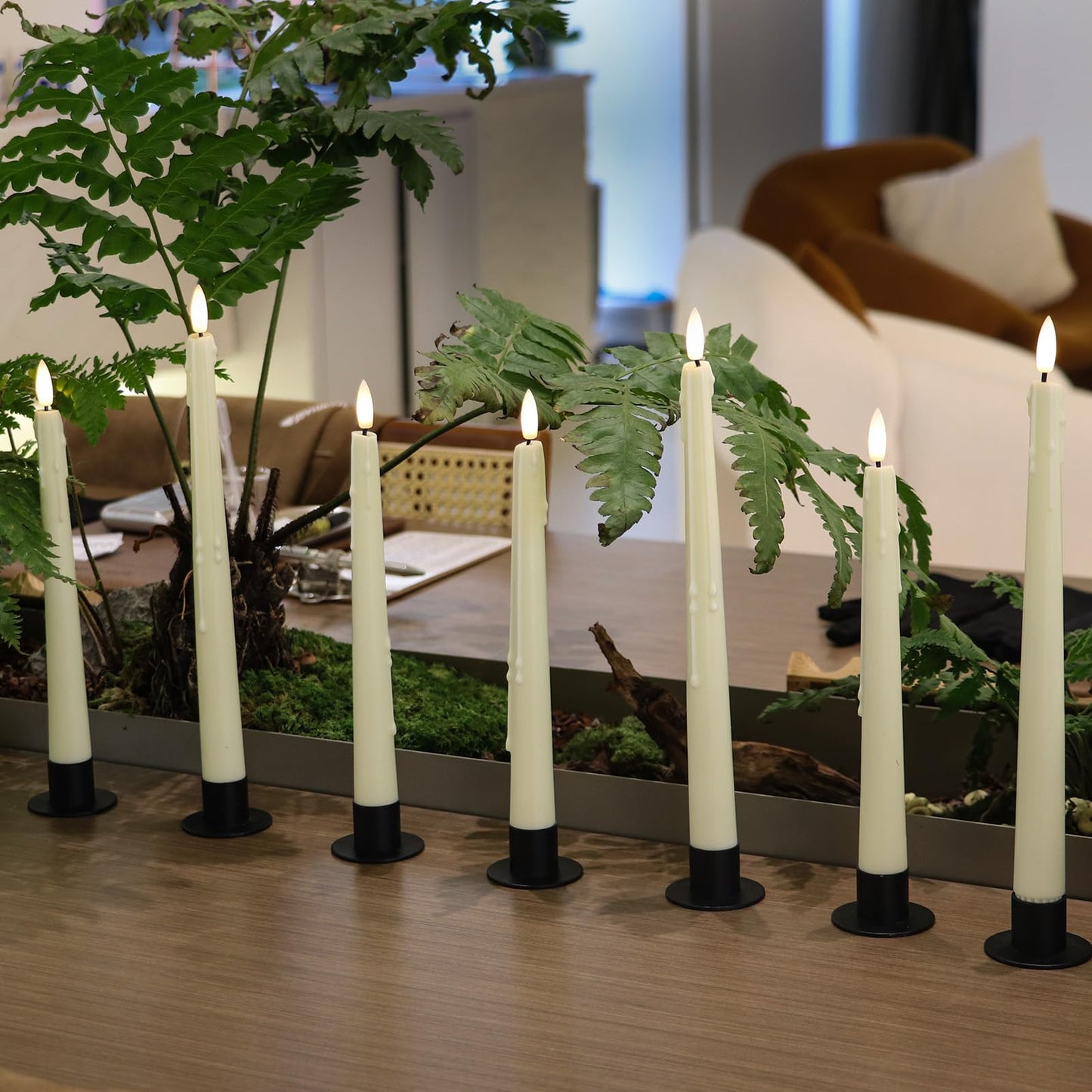 Rhytsing Natural White Flameless Taper Candles with Timer Function, Battery Operated Dinner Long Candlestick Wax Drip Design, Warm White LED, 2