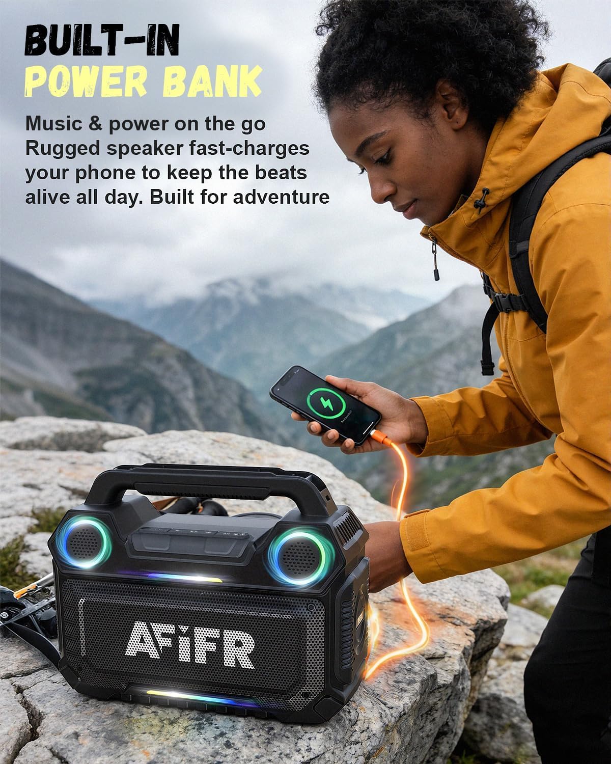 AFIFR Outdoor Bluetooth Speaker, 160W Loud Bass! Rugged, IP67 Waterproof, 24H Playtime with Lights, Wireless TWS Pairing Portable Speakers for Party