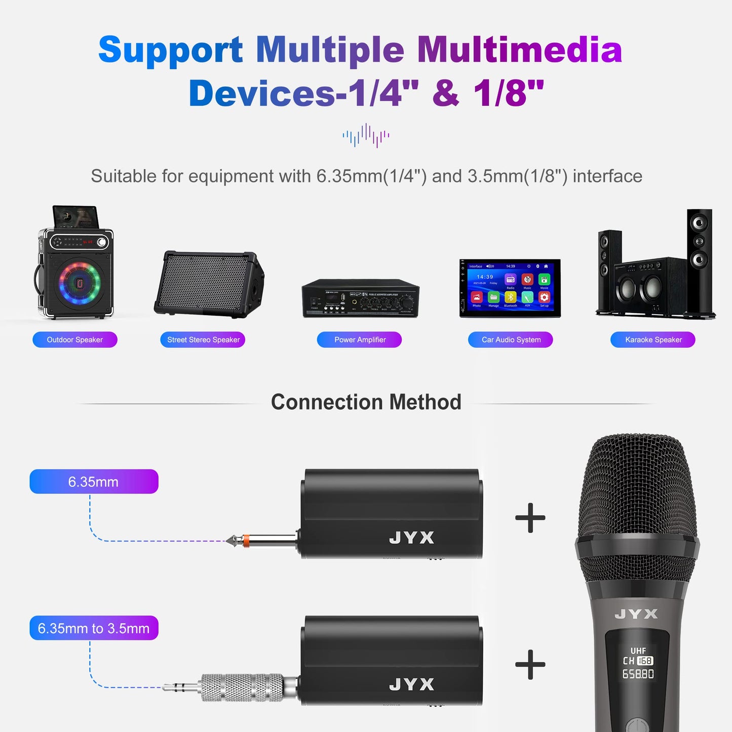 JYX Wireless Microphones, Dual UHF Handheld Dynamic Mic with Receiver, 6.35mm(1/4")Output,3.5mm (1/8") Adapter,160ft Range, Metal Rechargeable Karaoke