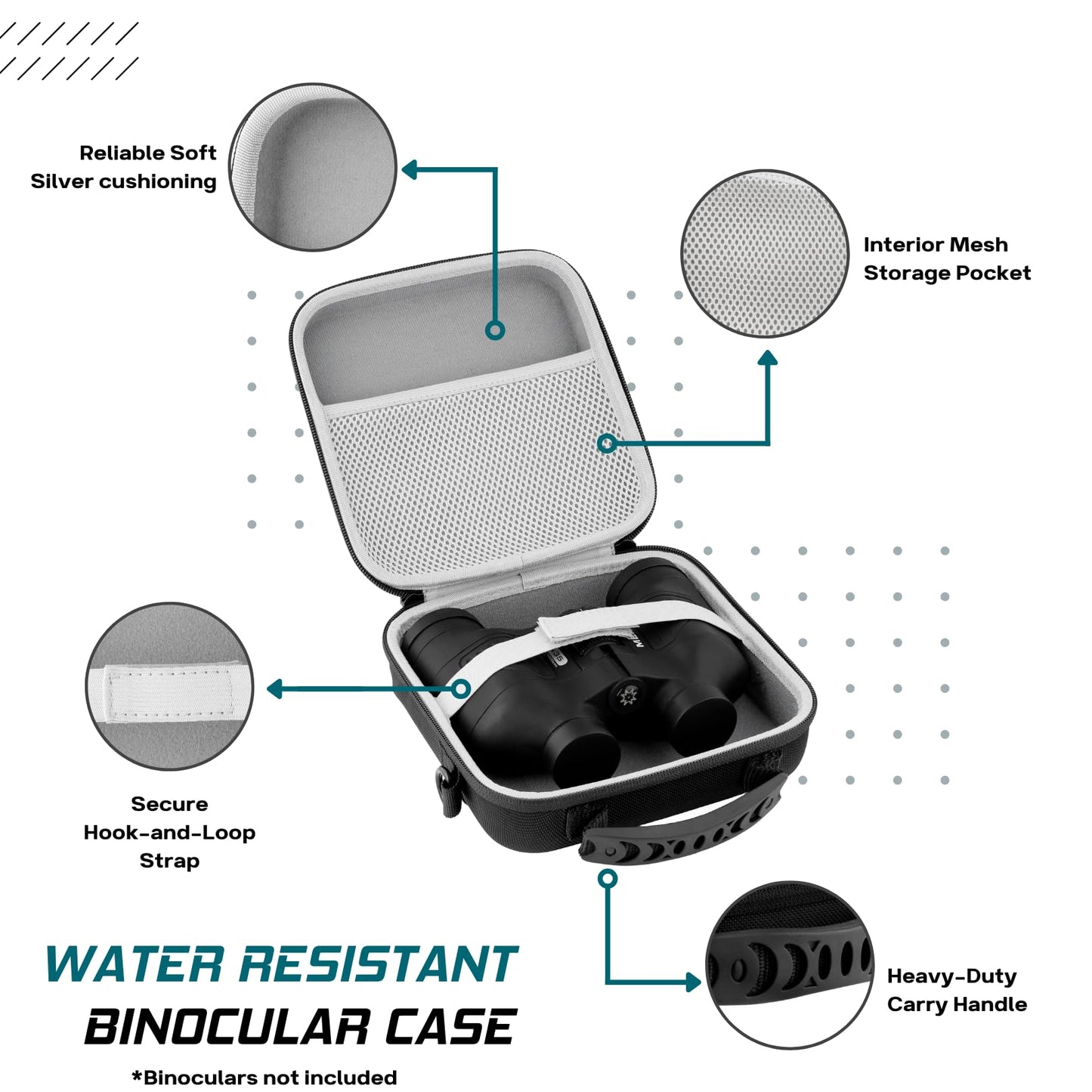 Xenage Binocular Case with Heavy-Duty Water-Resistant Hard EVA Cover (7x7x2.5”) Carry Handle, and Carrying Strap for Hiking, Hunting, Backpacking