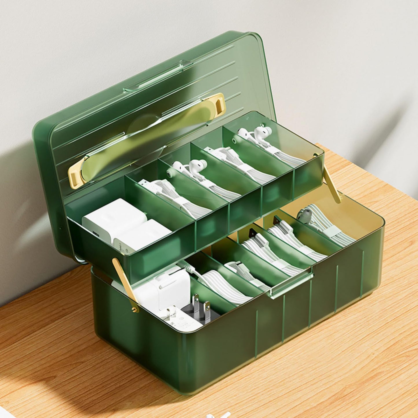 Atathro Double Layer Cable Organizer Box for Charging Cables, USB Wires, Adapters, Earphones & Small Electronics Accessories - Includes Cable Ties &