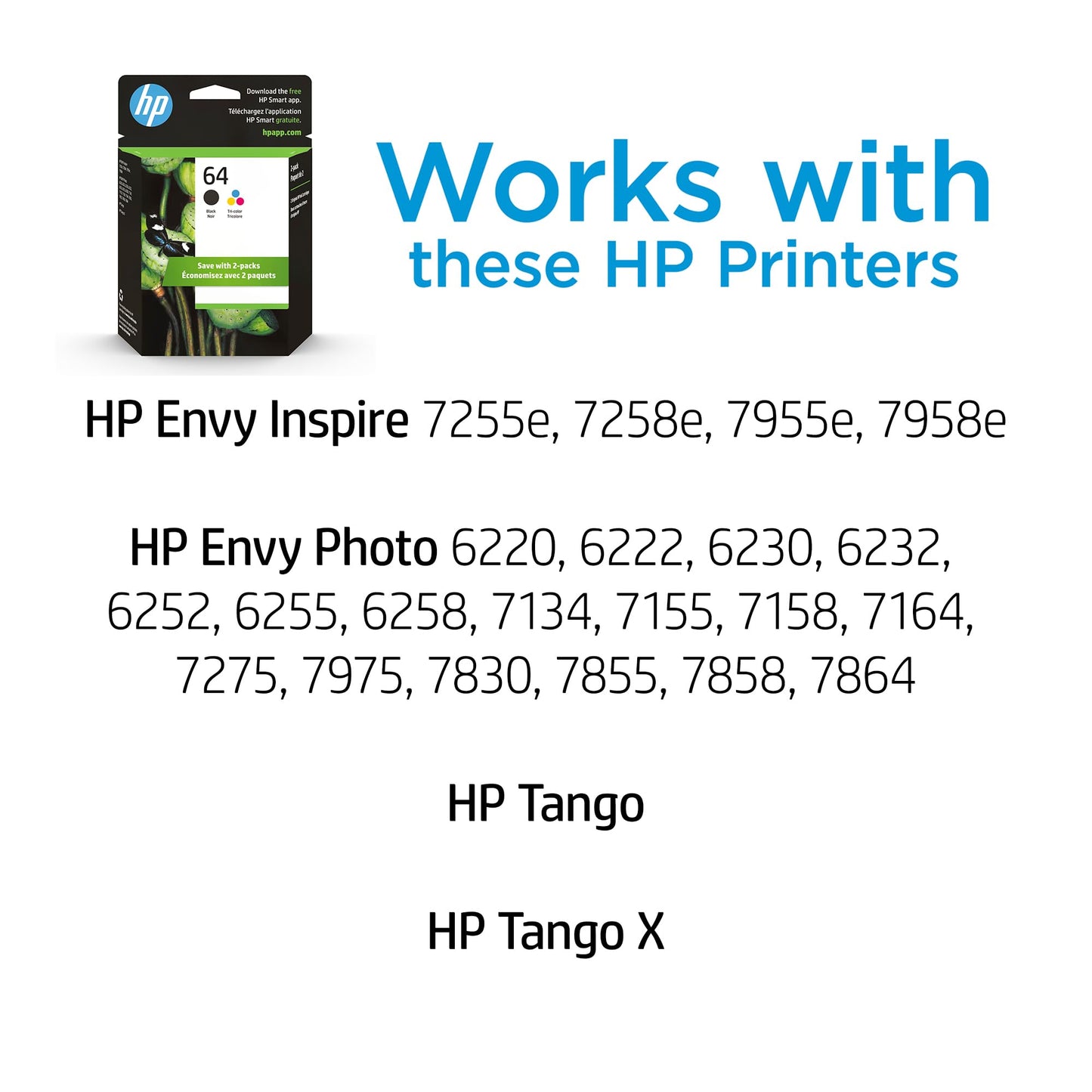 HP 64 Black & Tri-Color Ink Cartridges Printers (Combo Pack) | Works with Printer Series: Inspire 7950e; Envy Photo 6200, 7100, 7800; Tango | Eligible