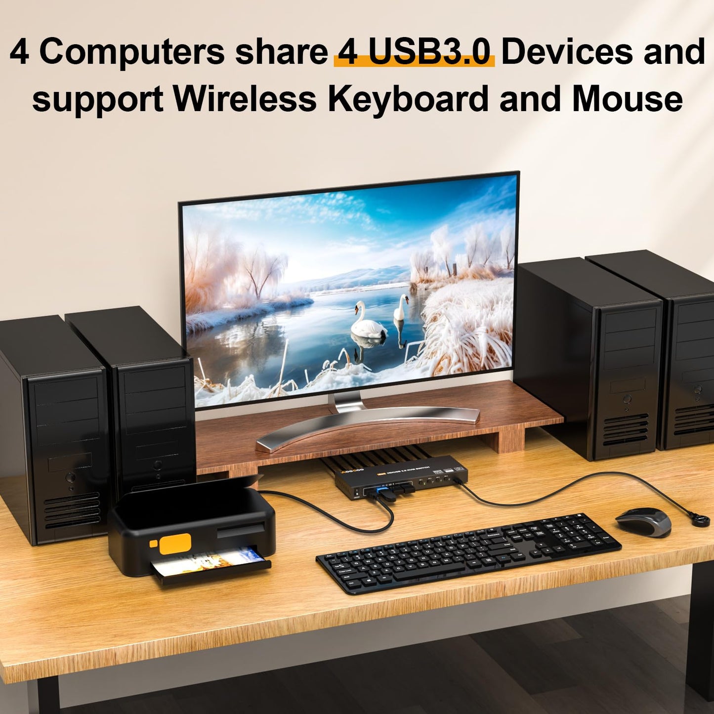 KVM Switch HDMI 4K@60Hz,KVM Switches for 4 Computers Share 1 Monitor and 4 USB3.0 Devices with Simulation EDID,Wired Remote and USB Cables, Power