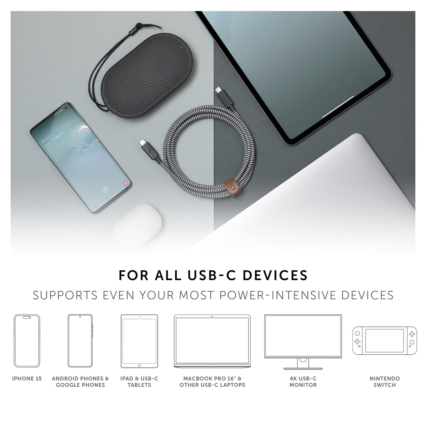Native Union Type-C Belt Cable Pro - 240W USB-C to USB-C 8ft Ultra-Strong Charging Cable with Leather Strap Compatible with iPhone Air, 17 Pro Max