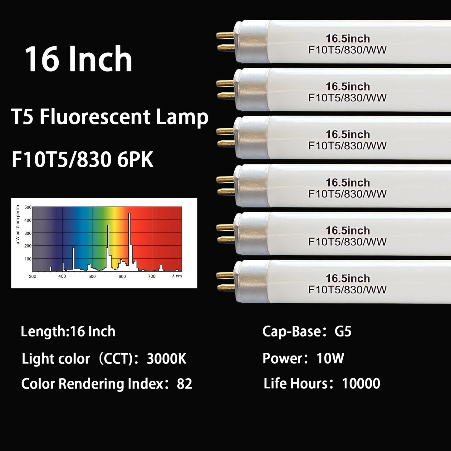 16" F10T5/830/L Fluorescent Light Bulb, T5 10W Warm White, G5 Base,6 Pack