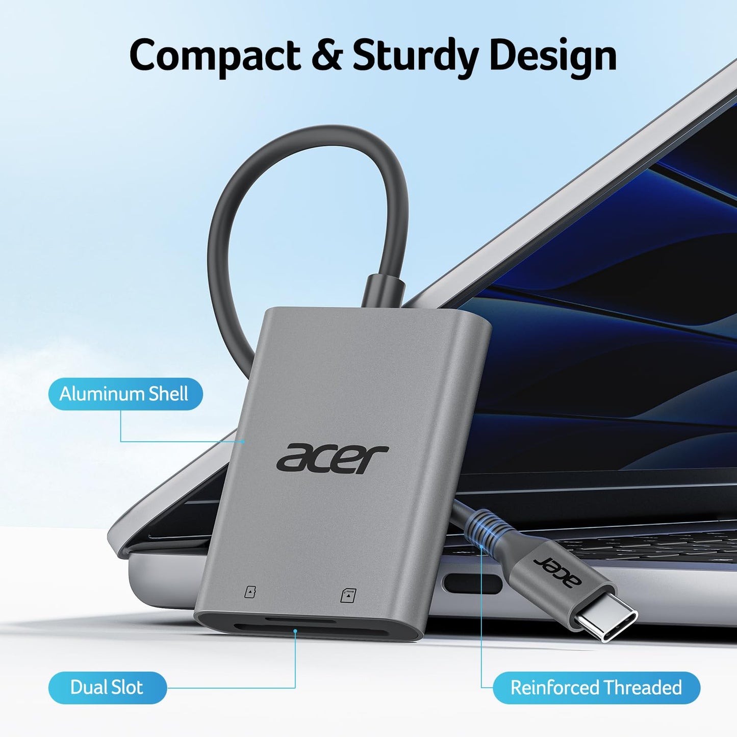 Acer SD Card Reader USB C, Dual Slots Type C to Memory Card Reader, Aluminum Micro SD Card Camera Adapter for MicroSD, SDHC, SDXC, Compatible