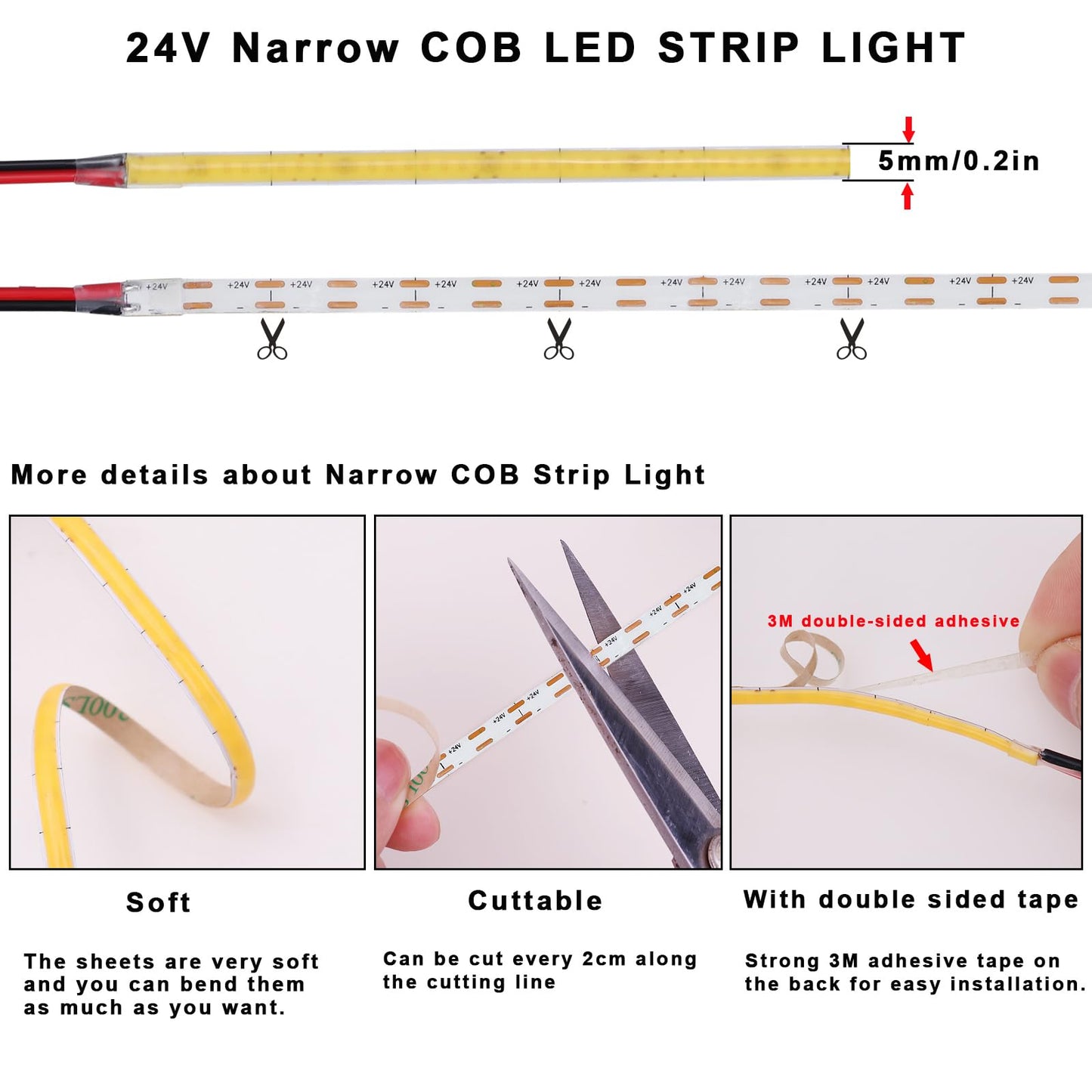TOPAI 24V Thin 5mm COB LED Strip Light 6000K Bright White 16.4ft 4000Lm CRI>90 Uniform Dotless 400LEDs/M Adhesive Flexible Cuttable LED Tape for DIY