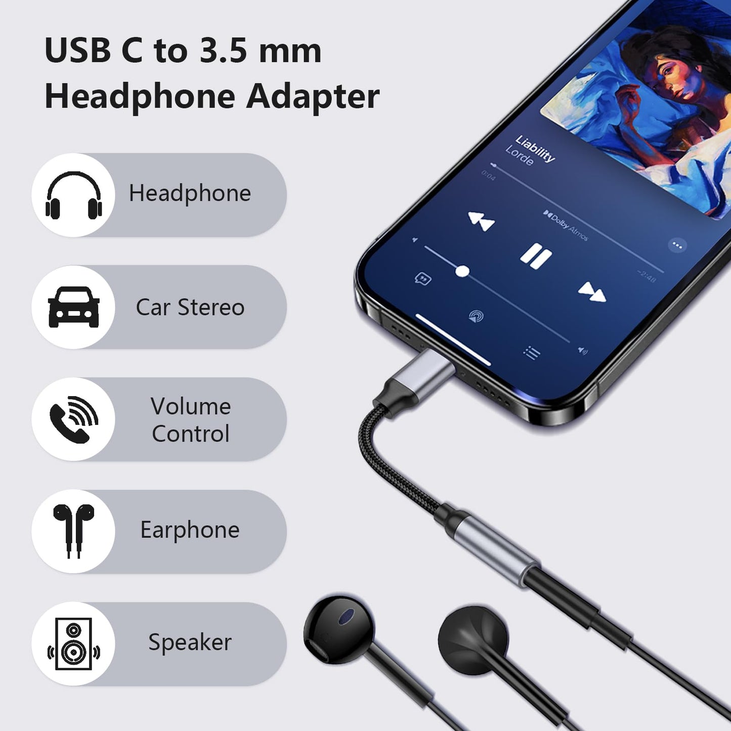 5 Pack USB C to 3.5mm Headphone Jack Adapter Type C Audio Aux Cable Dongle Compatible with iPhone 16/15/15 Plus/15 Pro/15 Pro Max/iPad/Pixel, Samsung