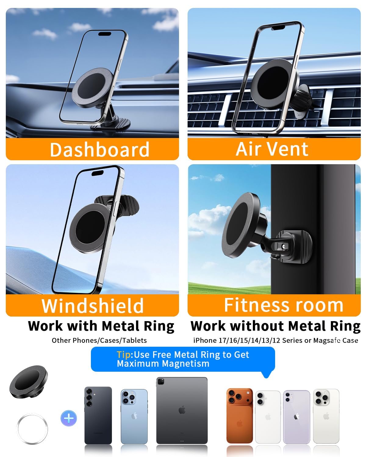 RayLink Strong & Short for MagSafe Car Mount: 3-Way Mount (Windshield/Vent/Dashboard) - 360° Swivel Magnetic Holder, 38 lbs Hold for iPhone