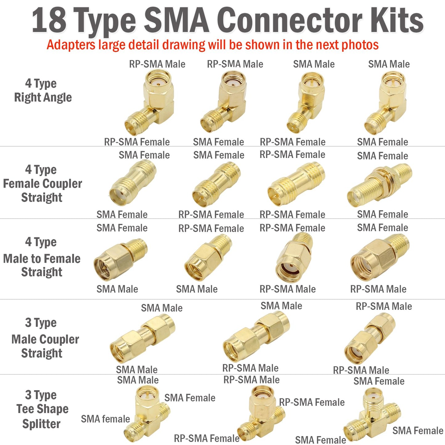 exgoofit SMA Adapter Kit, 18pcs, Gold Plated, Compatible with FPV Antennas, Ham Radio, WiFi Router, etc.