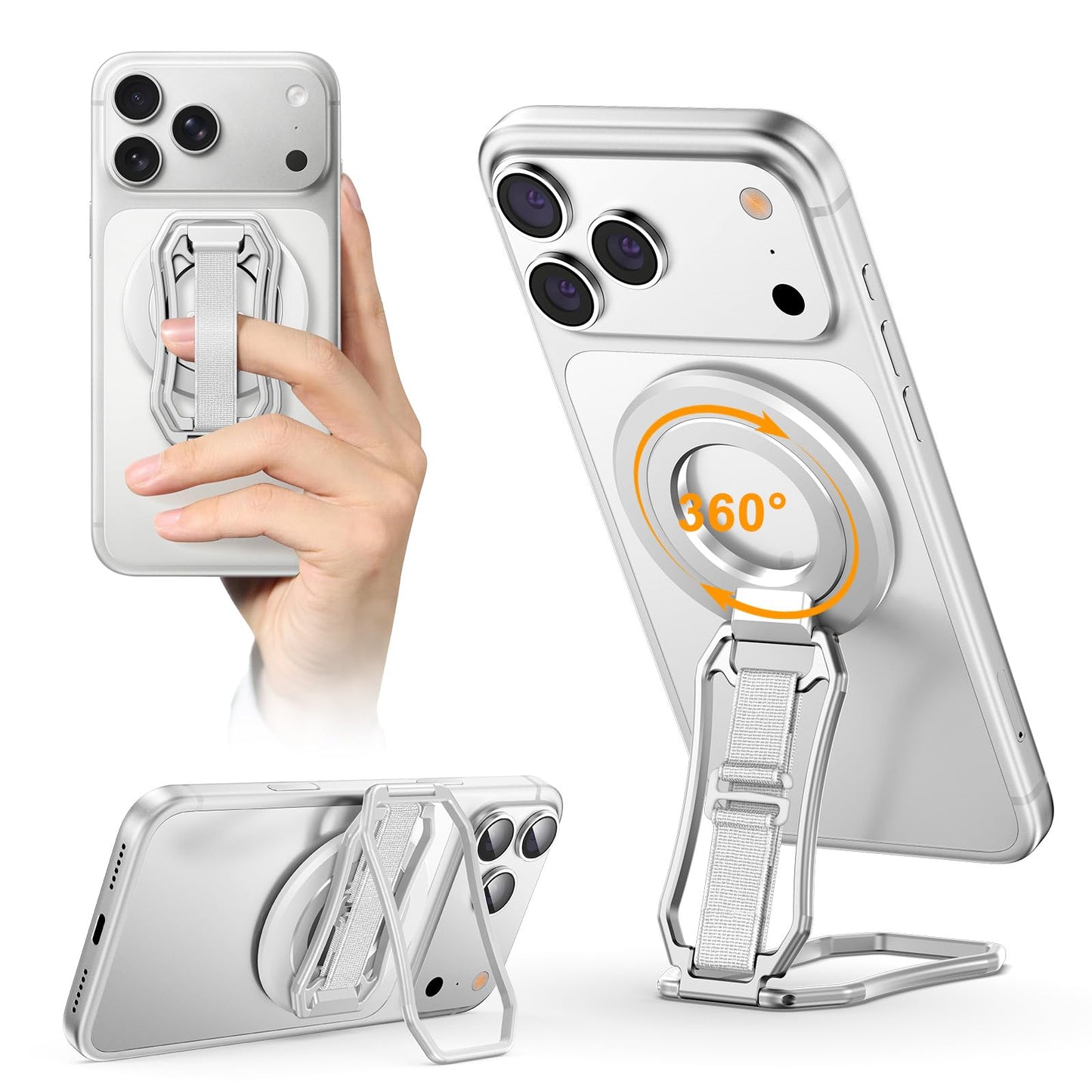 for Magsafe Phone Grip, 6-in-1 Magnetic Phone Holder for Magsafe Kickstand, 360° Rotation Phone Ring Holder with Elastic Strap, Compatible with iPhone