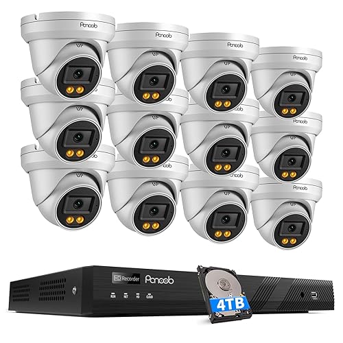 PANOOB 16 Channel Security Camera System 4K, 12x 8MP Wired IP Dome PoE Camera, Spotlight Color Night Vision, Human Vehicle Detection, Built-in Mic