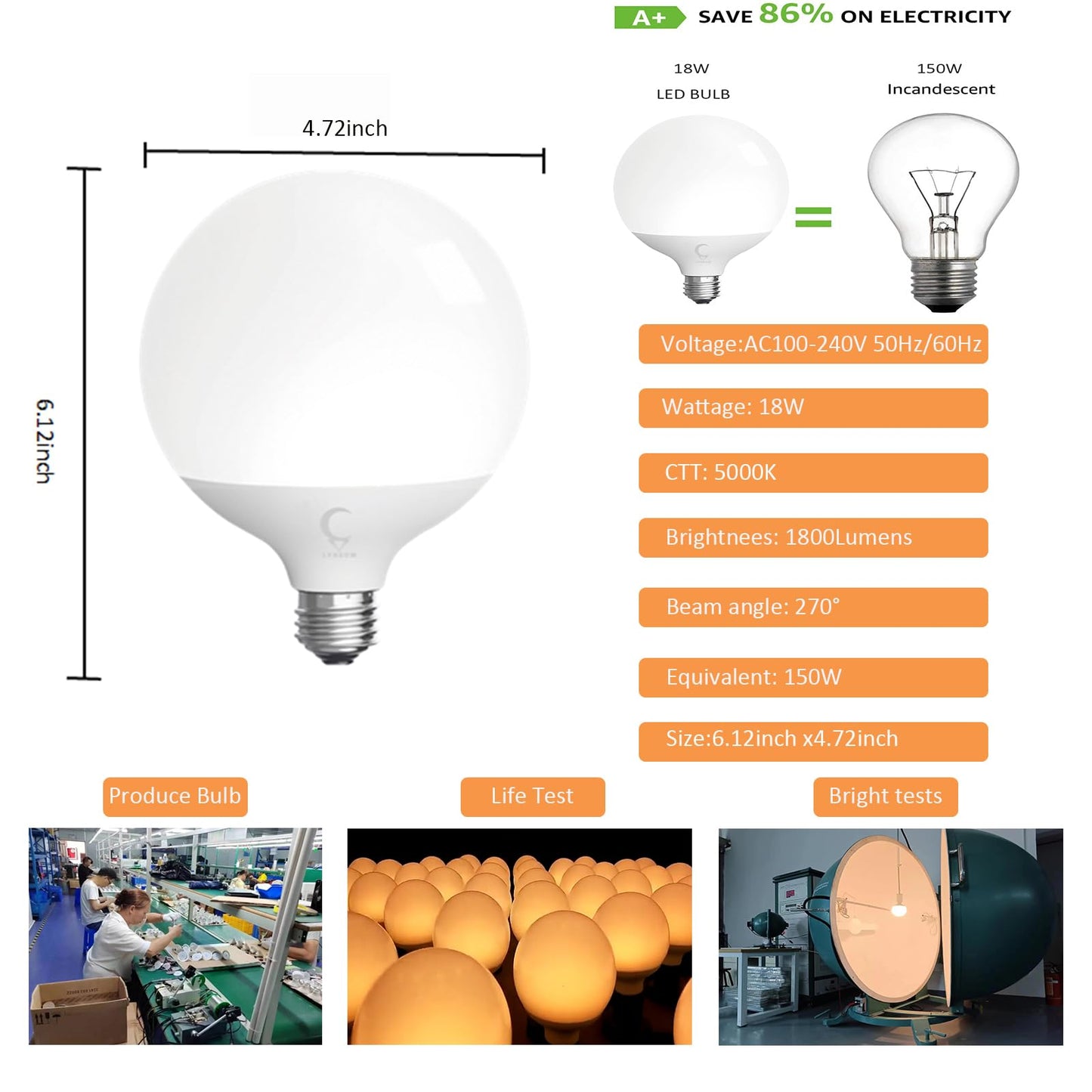LVHEOM LED Globe Bulb, 150W Equivalent Light Bulbs, 18W 5000K Daylight, 1800 Lumens Non-Dimmable LED Bulb, E26 Standard Base (18W 5000K 1pack)