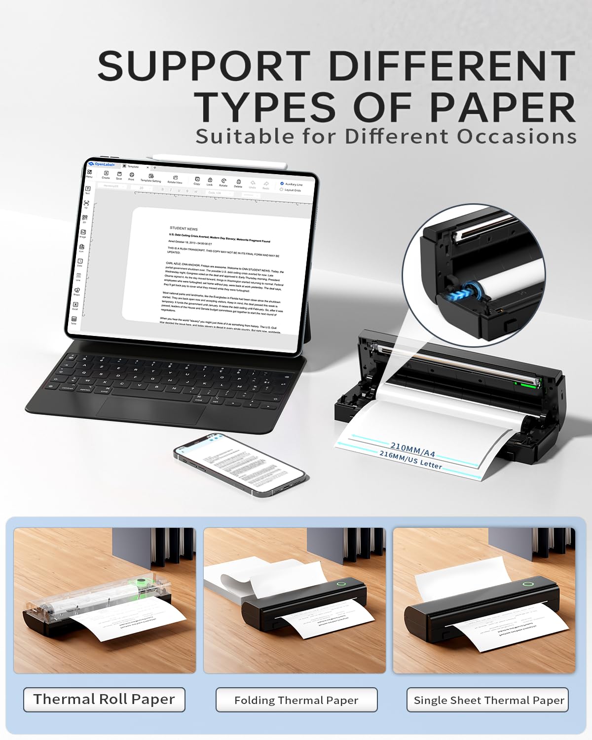 NDYIN Portable Printers Wireless for Travel, N80 Wireless Thermal Printer Bluetooth Inkless Printer Support 8.5" X 11" US Letter & A4, Compatible