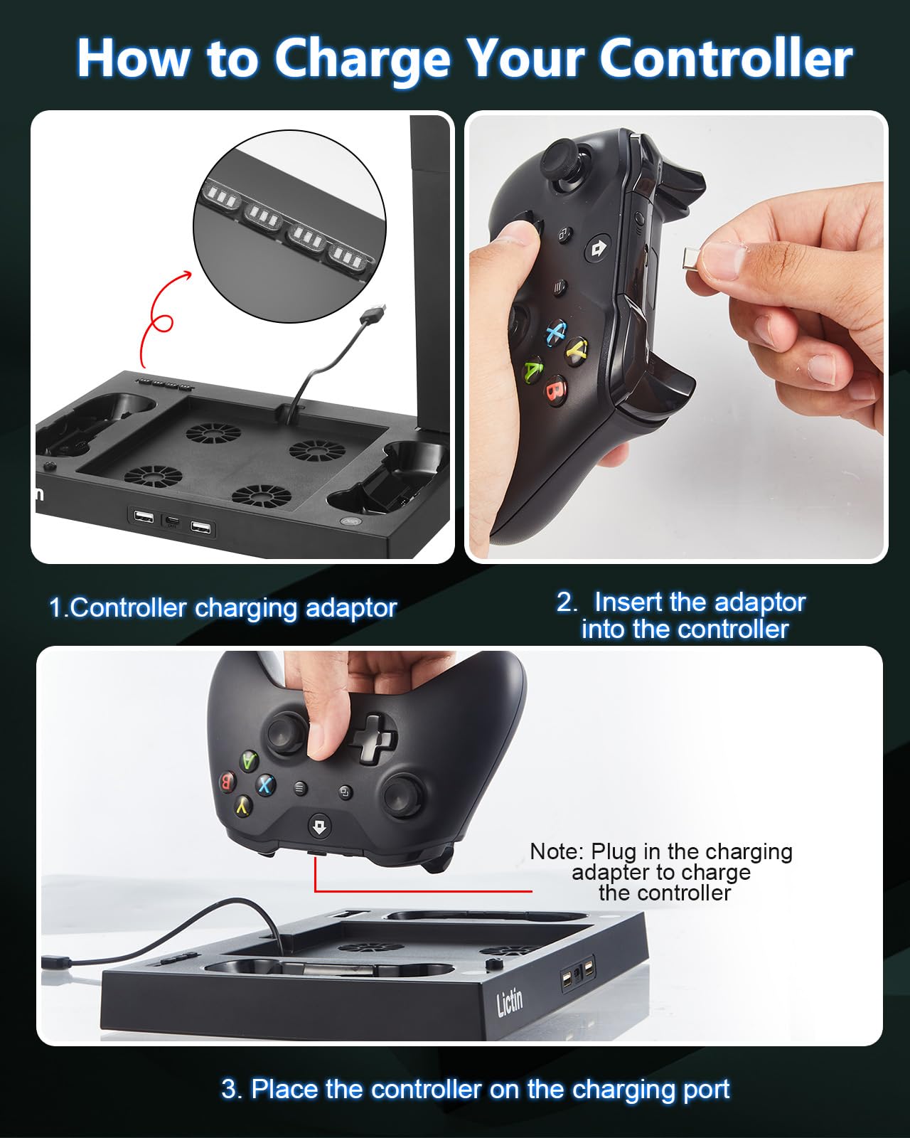 Lictin Cooling Fan Charging Station for Xbox Series X Console & Controller, Upgraded 4 Cooler Fan System Stand, Vertical Dual Charger Station Dock