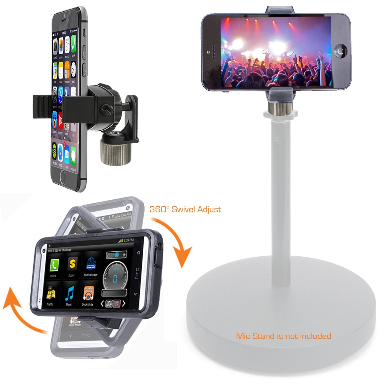 ChargerCity 360° Swivel Adjust Smartphone Holder with 5/8" Tripod Microphone Stand Adapter for All Smartphone up to 3.6 inch Wide (iPhone 17 Air 16 15