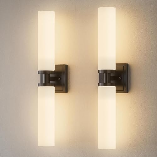 Keep Shinning Black Wall Sconces Set of Two, Modern Bathroom Sconce with Frosted Glass, Hardwired Wall Light Fixtures for Bathroom Living Room Bedroom