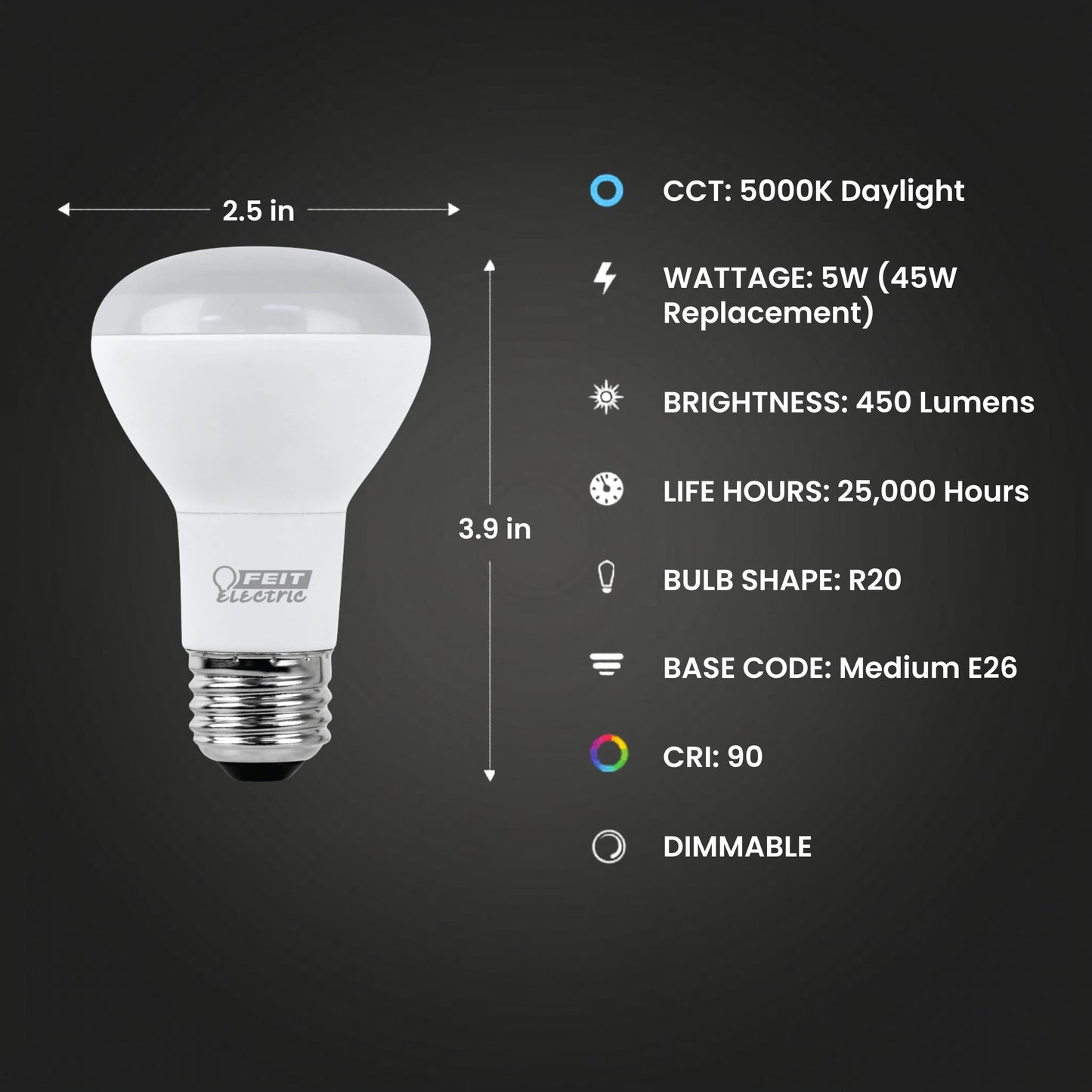 Feit Electric R20 LED Light Bulb, 45W Eq, Daylight, 3 Pack