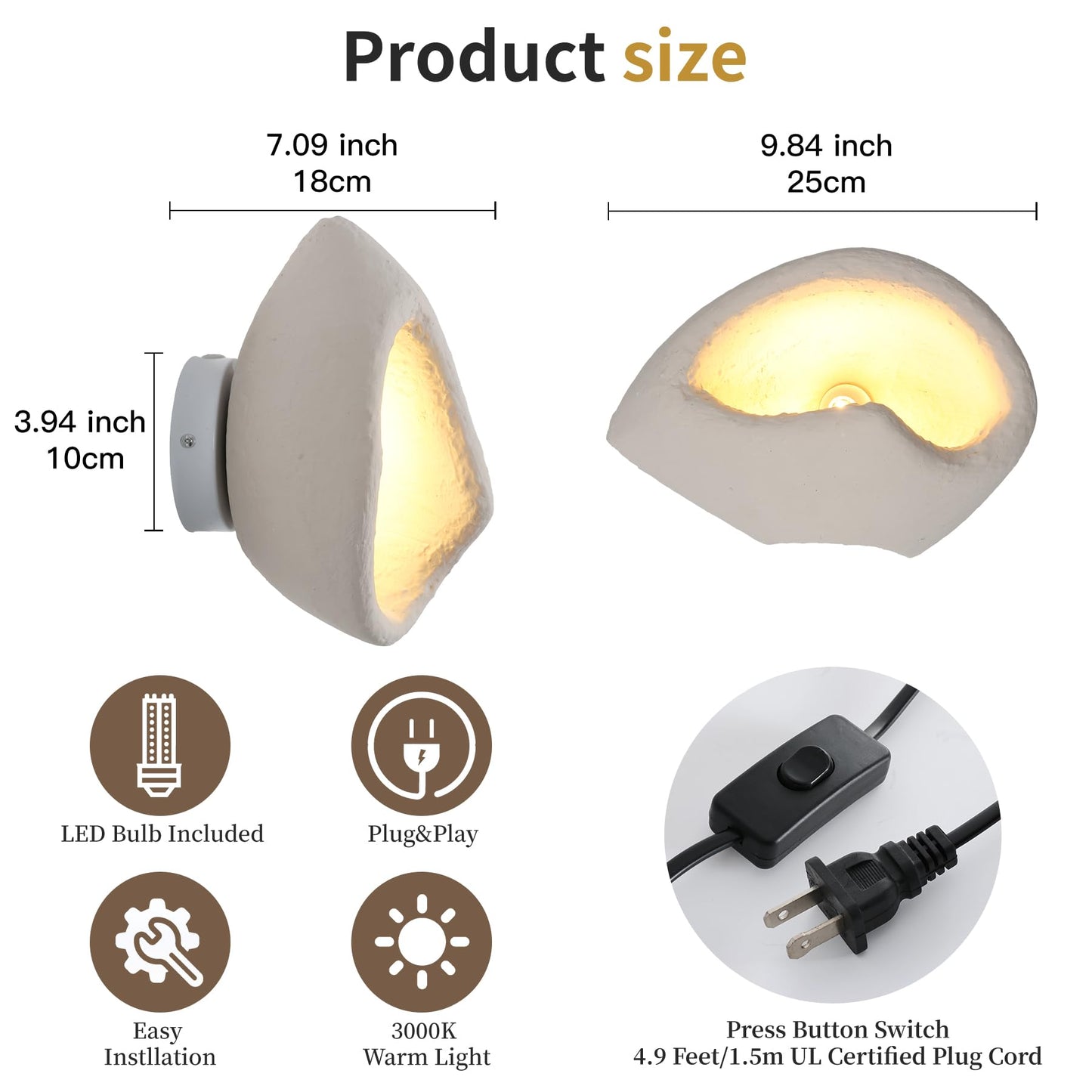 PANLAVIE Modern Wall Sconce Plug in, Indoor Wall Light Fixture, Retro Industrial Cement Stone Style Wall Mounted Lamp for Living Room Bedroom