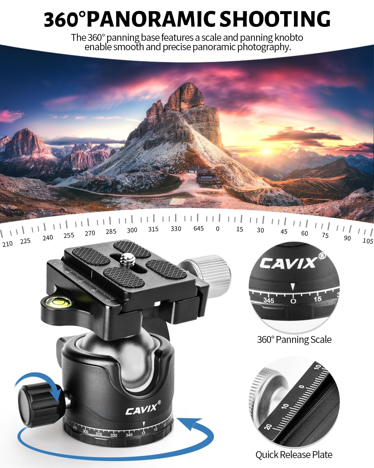 Ball Head Mount, CAVIX 36mm Ball Head Camera Tripod Head with 1/4“ Arca Swiss Quick Release Plate for Tripod, Monopod, DSLR, Camera,Load 33lb/15kg