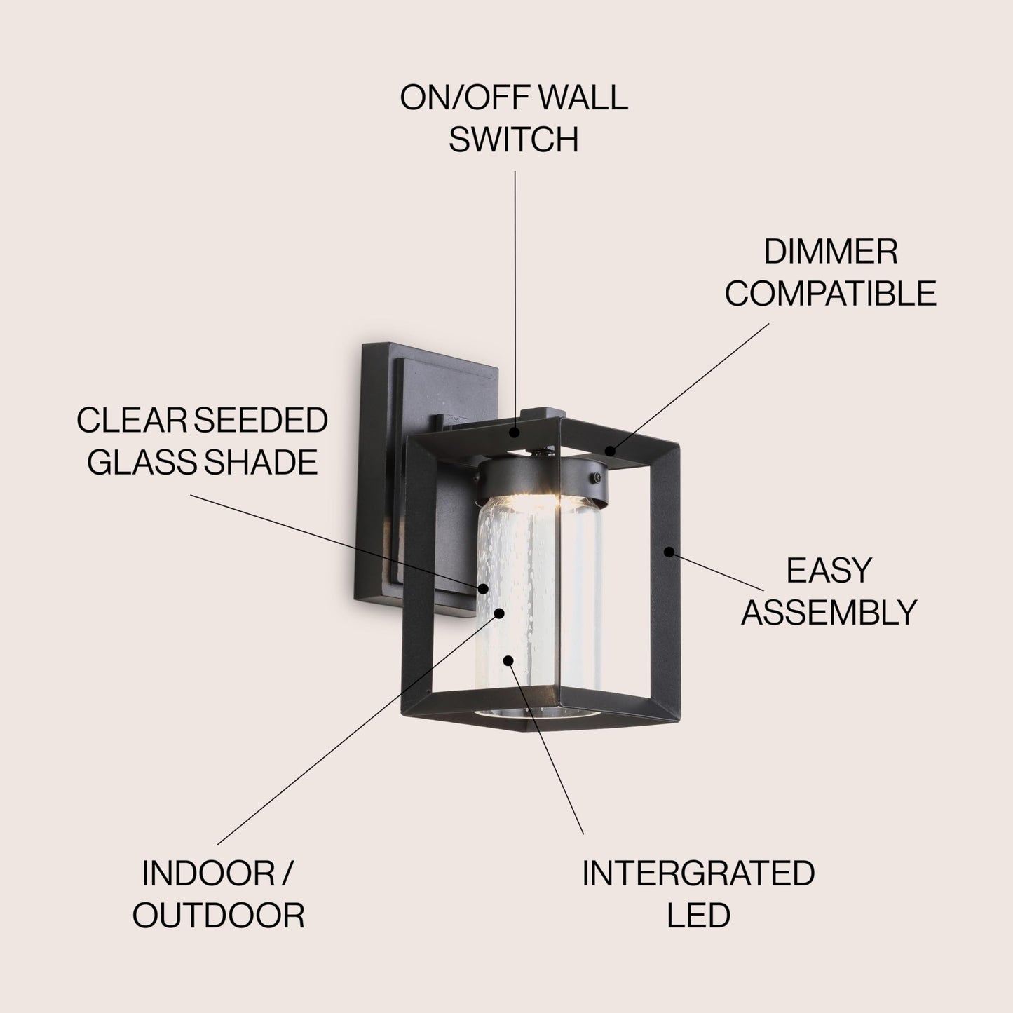 JONATHAN Y 9.75" Black 1-Light Iron and Seeded Glass Outdoor Wall Sconce, Modern Cube Design for Entryway Porch or Patio, Farmhouse Industrial, ETL