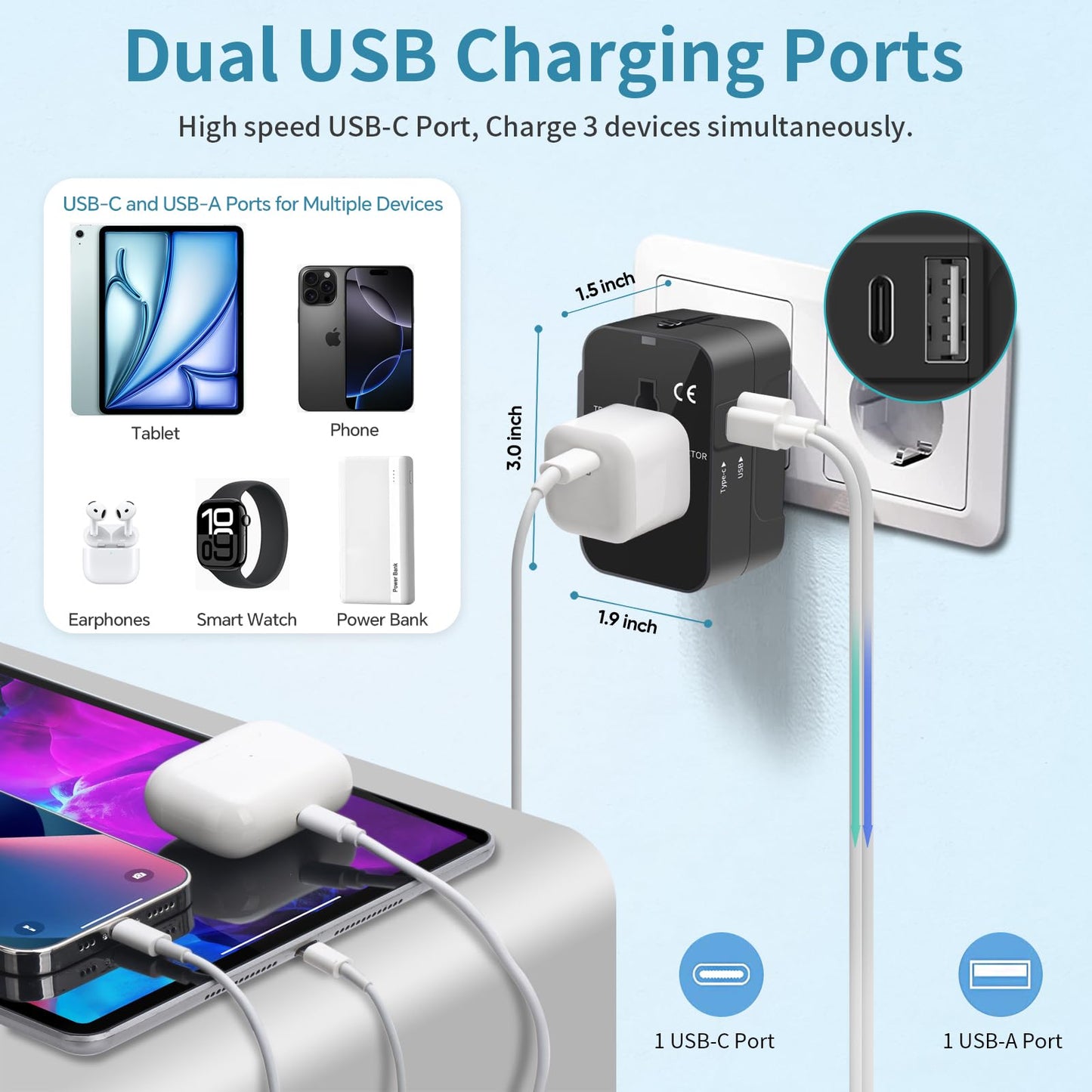 Universal Travel Adapter with USB-C & USB-A – All-in-One Worldwide Power Plug Charger for USA, EU, UK, AUS – Black