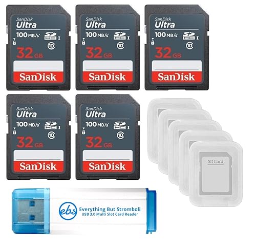 SanDisk 32GB Ultra SD Memory Card 5 Pack SDHC UHS-I Class 10 (SDSDUNR-032G-GN3IN) Bundle with 5 SD Card Cases & 1 Everything But Stromboli 3.0 Card