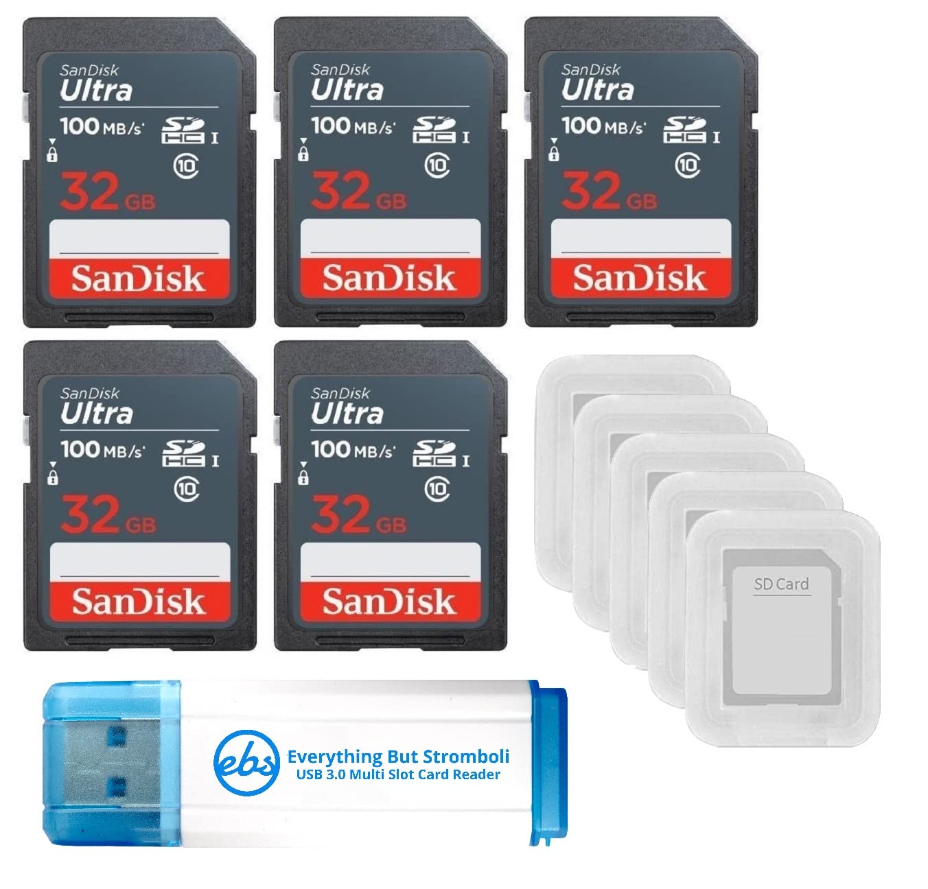 SanDisk 32GB Ultra SD Memory Card 5 Pack SDHC UHS-I Class 10 (SDSDUNR-032G-GN3IN) Bundle with 5 SD Card Cases & 1 Everything But Stromboli 3.0 Card