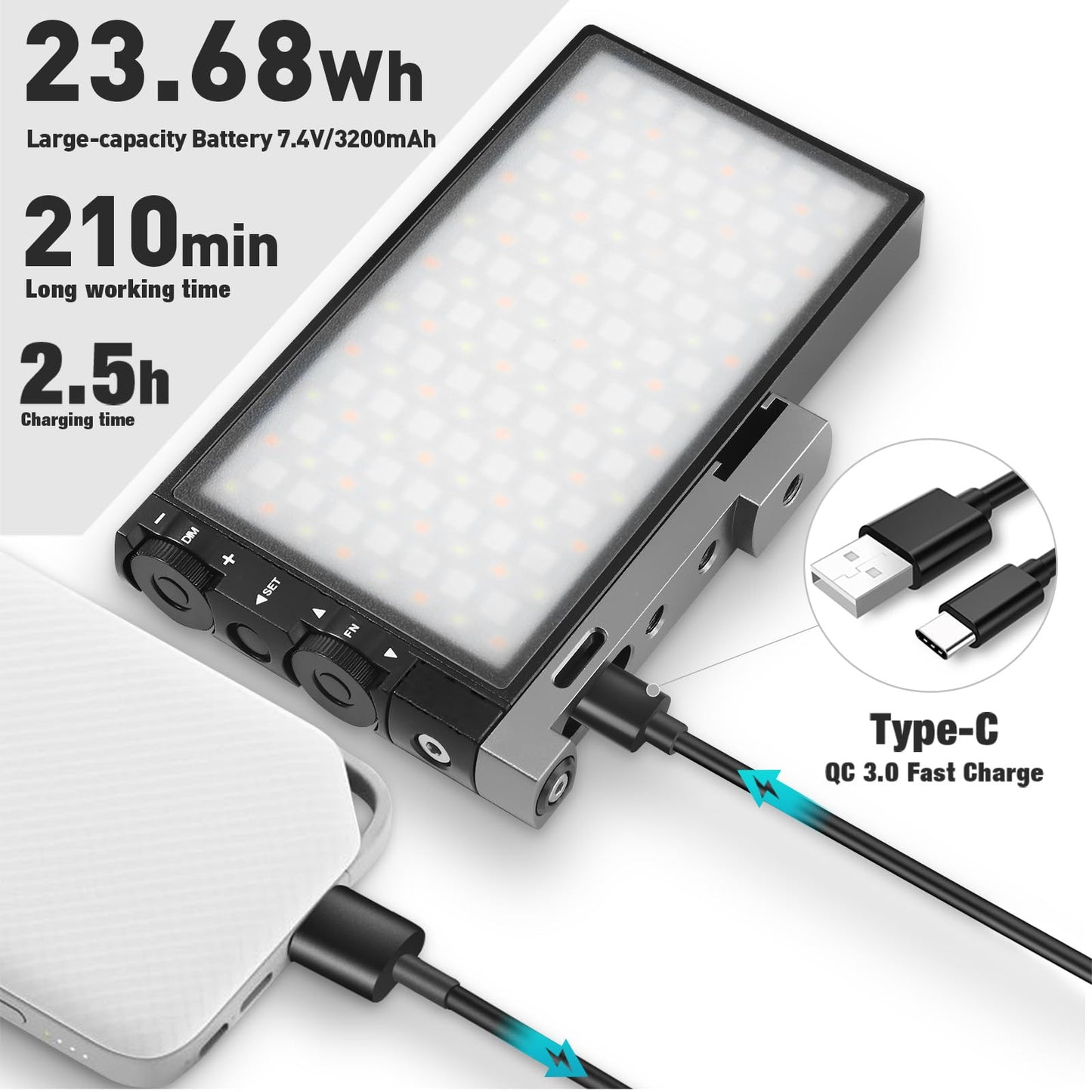 Pixel G1s RGB Video Light with APP Control, 12W 210 Minutes Rechargeable Battery LED Camera Light, 10 Common Lighting Effects, CRI?97 2500-8500K LED