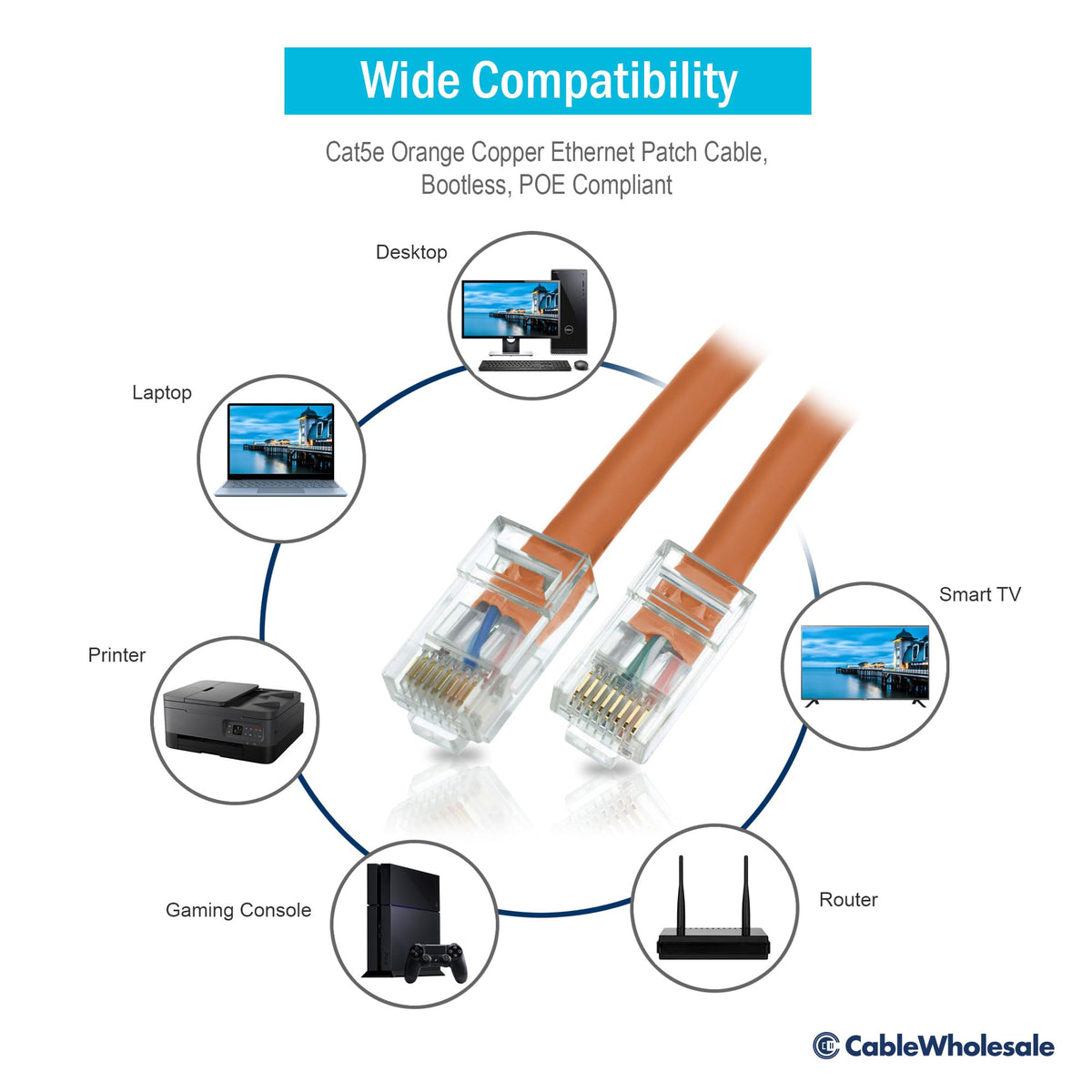 CableWholesale Cat5e UTP Ethernet Cable, Bootless, PoE, 50 ft, Orange