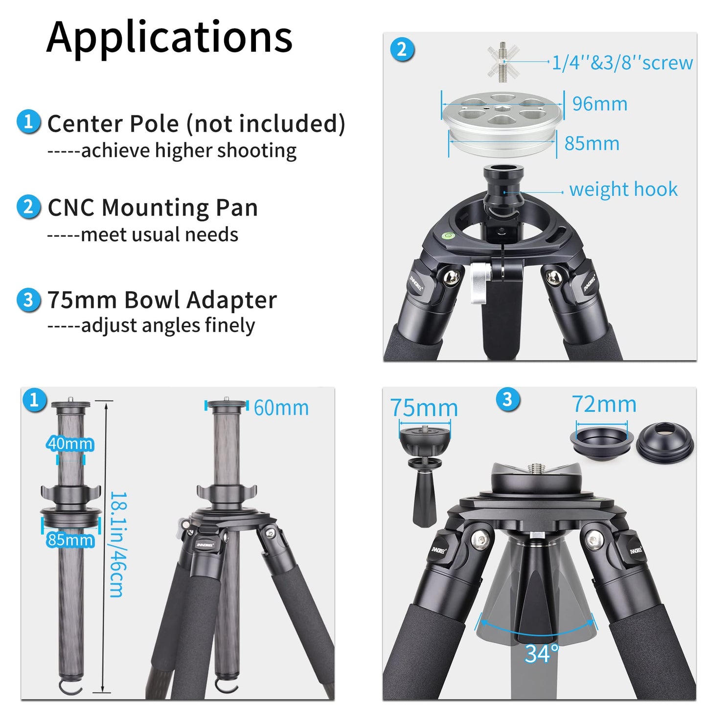 Carbon Fiber Tripod INNOREL RT90C Bowl Tripods Professional Heavy Duty Camera Stand with 75mm Bowl Adapter for DSLR Cameras Compatible with Ball Head