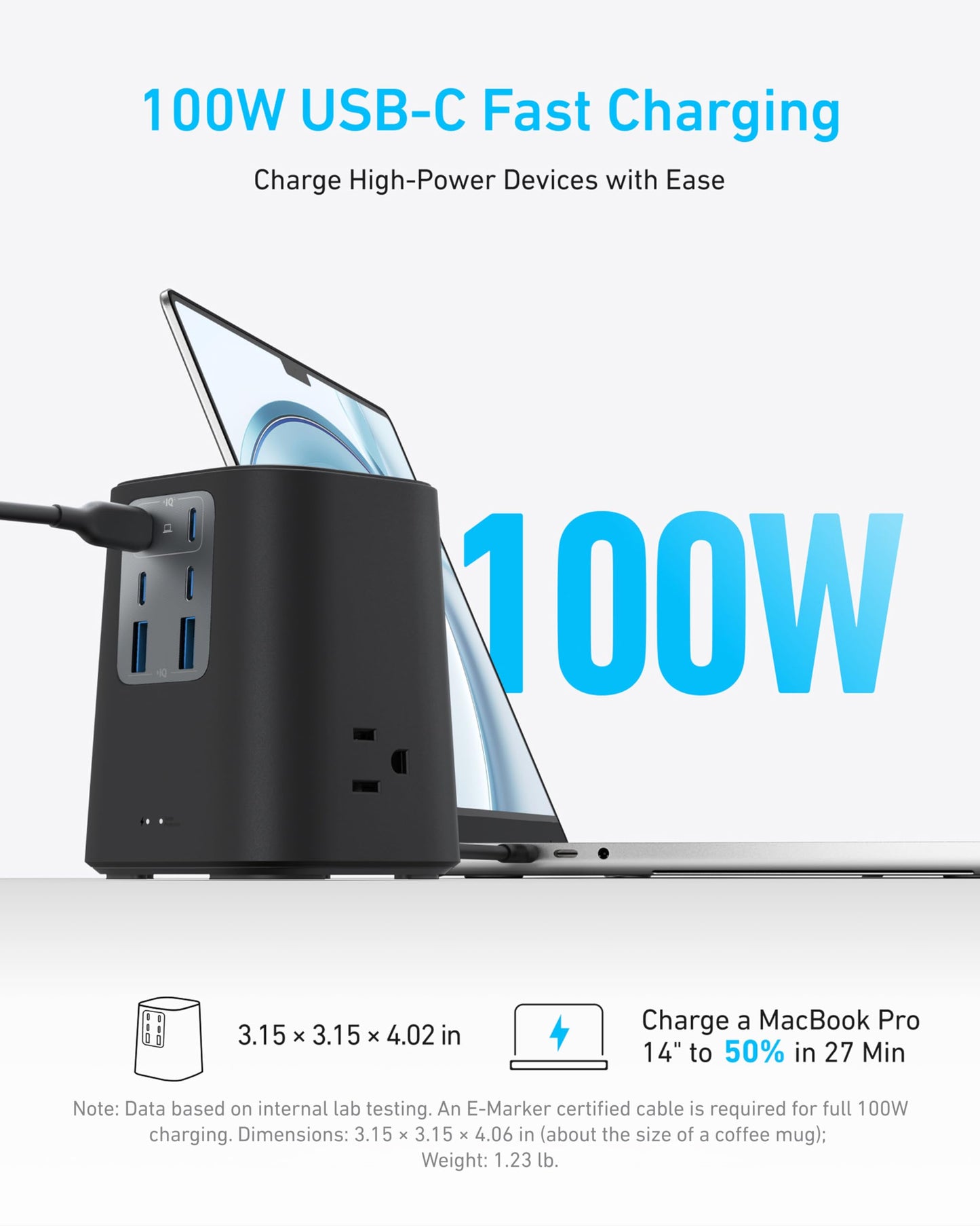 Anker Desktop Charger, 9-in-1 Power Strip with 300J Surge Protector, 5ft Flat Plug Extension Cord with Multiple Devices, 100W USB C Charger with 3 AC