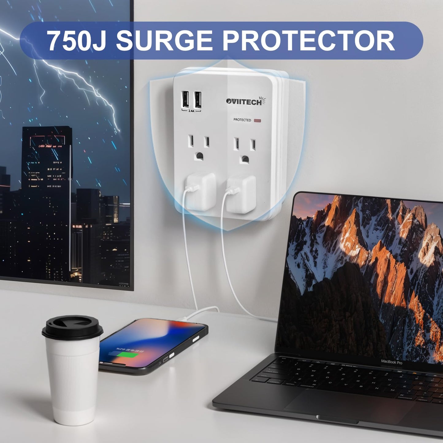 Oviitech Multi-Functional Wall Mount Outlet,Surge Protector,OviiTech 4-Outlet with USB 2.4A Charging Ports Socket Outlets Adapter,1875 W,750