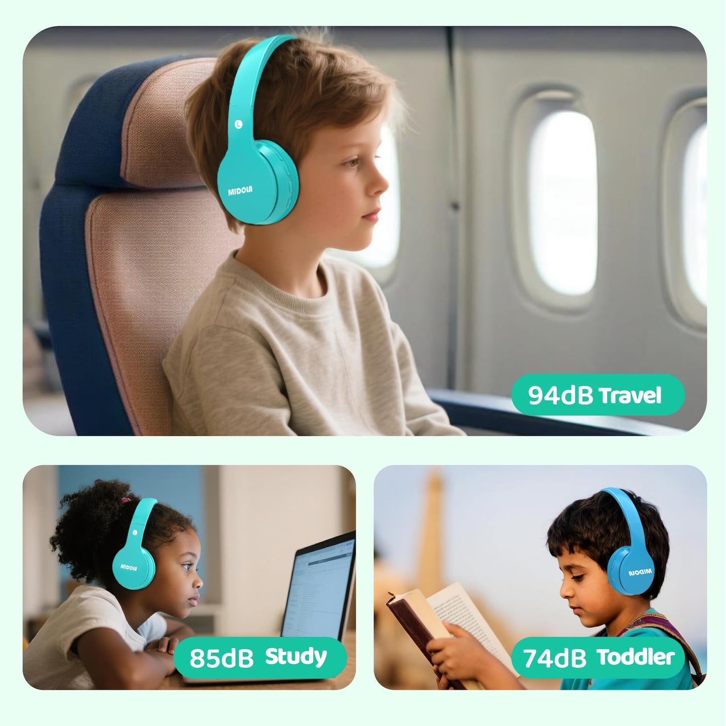 MIDOLA Kids Headphones Bluetooth 5.4 Wireless 68H Play Time Volume Limit 85/94dB Over-Ear Foldable Headset,Type-C Fast Charging,Wired Aux Mic…
