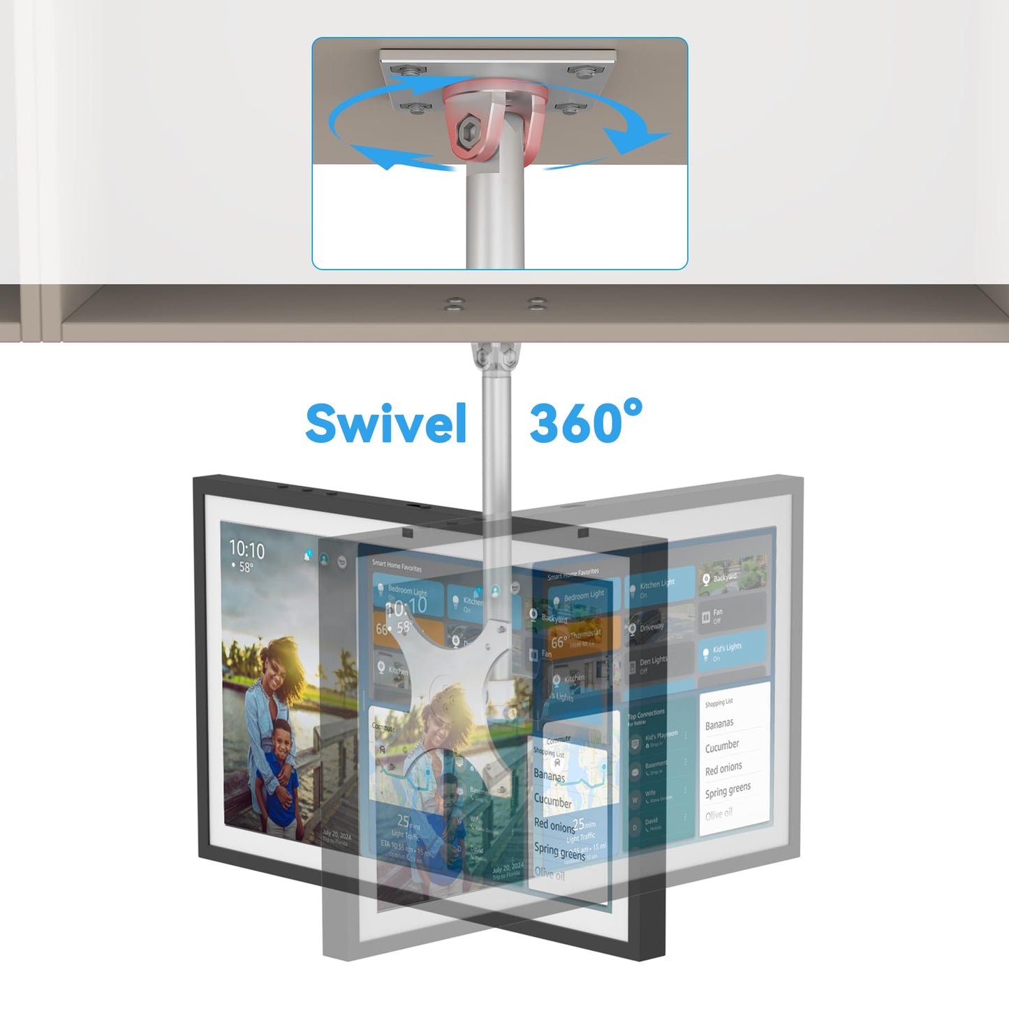 Almoz Under Cabinet Mount for Echo Show 15, Height Adjustable Stand, Wide Range of Motion, Keeps Counters Clear, Tilt and Swivel Mount for All Show 15