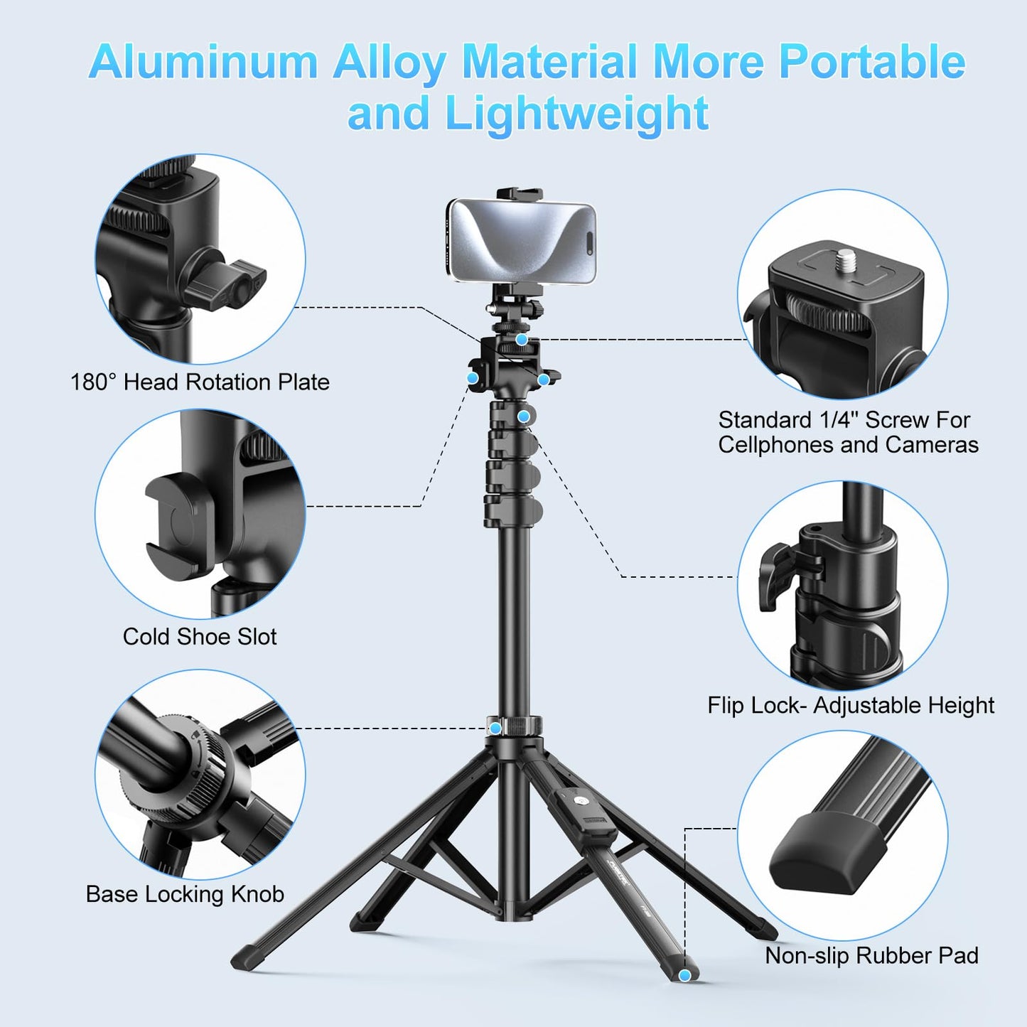 Fugetek 62" Professional Cell Phone Tripod, Ultra Stable 4 Leg Design, Bluetooth Remote, 100% All Aluminum Stick & Legs, Portable All in One, 360°