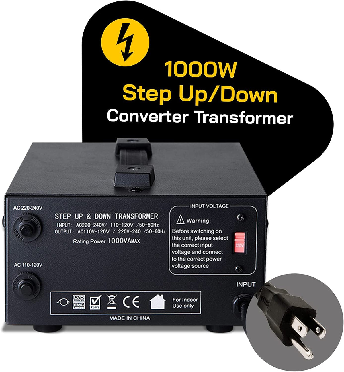 ELC T Series 1000 Watt Voltage Converter Transformer - Step Up/Down - 110v to 220v / 220v to 110v Power Converter - Circuit Breaker Protection, CE…