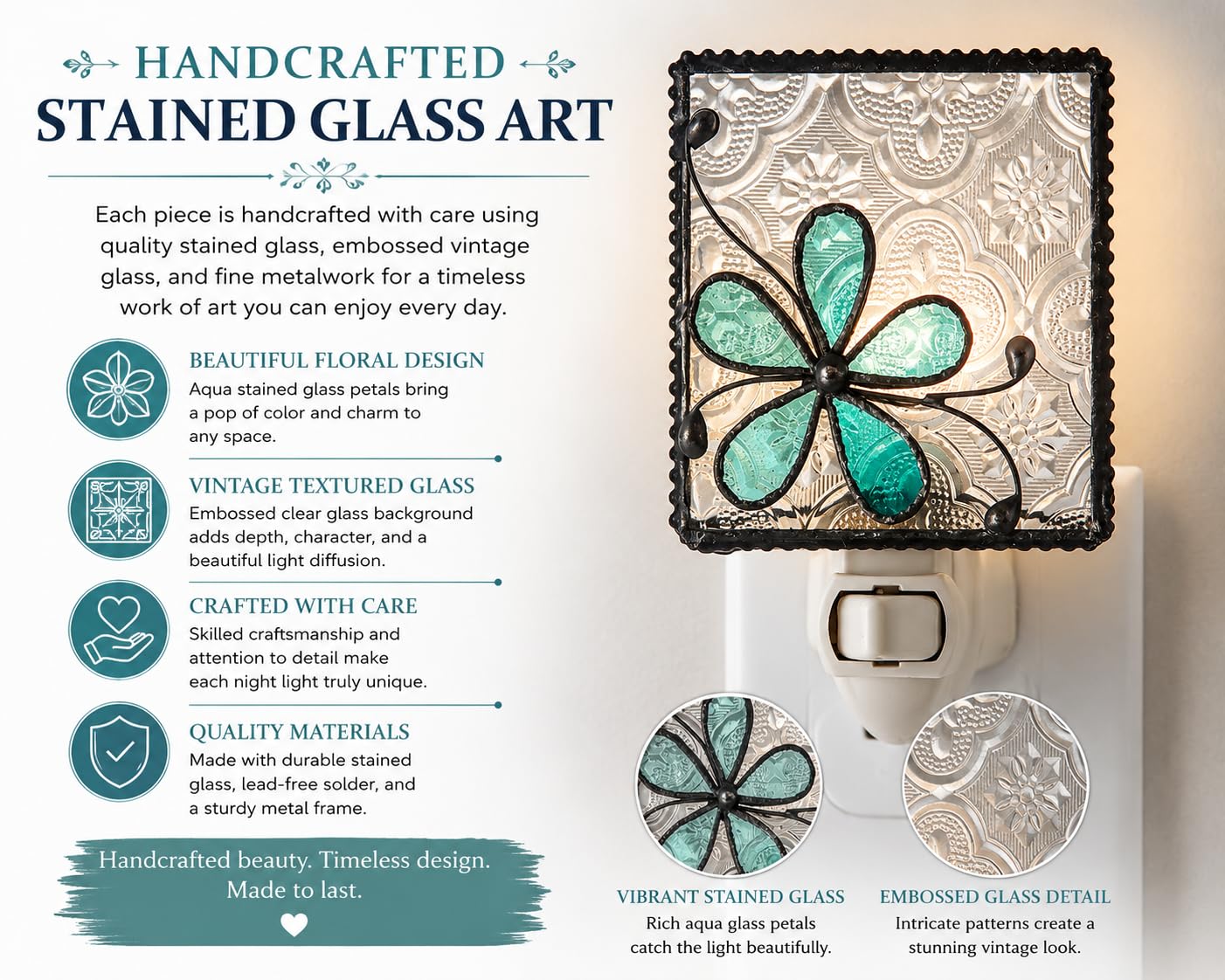J Devlin Glass Art Flower Stained Glass Night Light, Turquoise Blue, Plug in nightlight for Bedroom/Bathroom/Stairway/Hallway Home Decor NTL 129-3